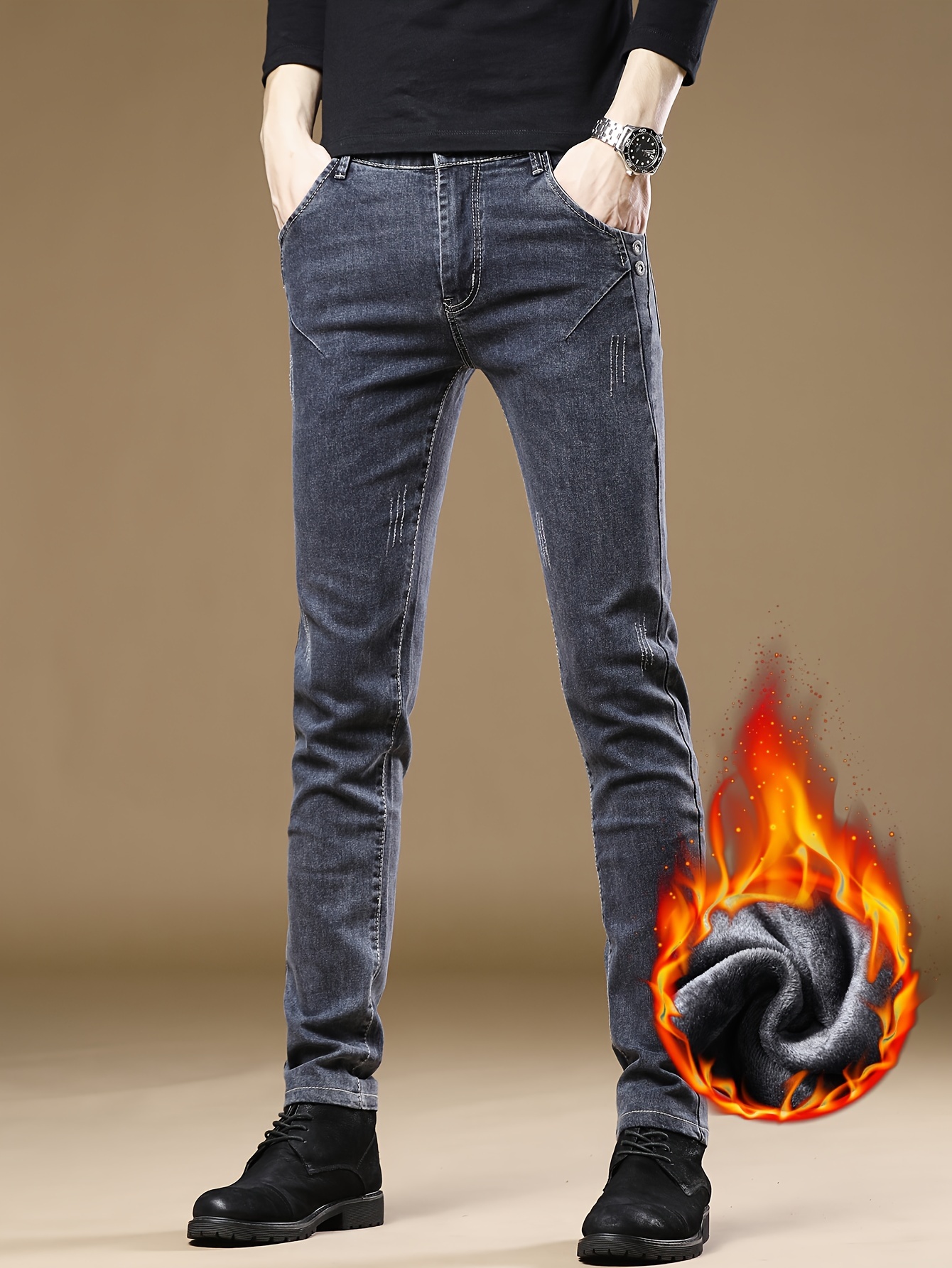 Men Fleece Lined Jeans - Temu