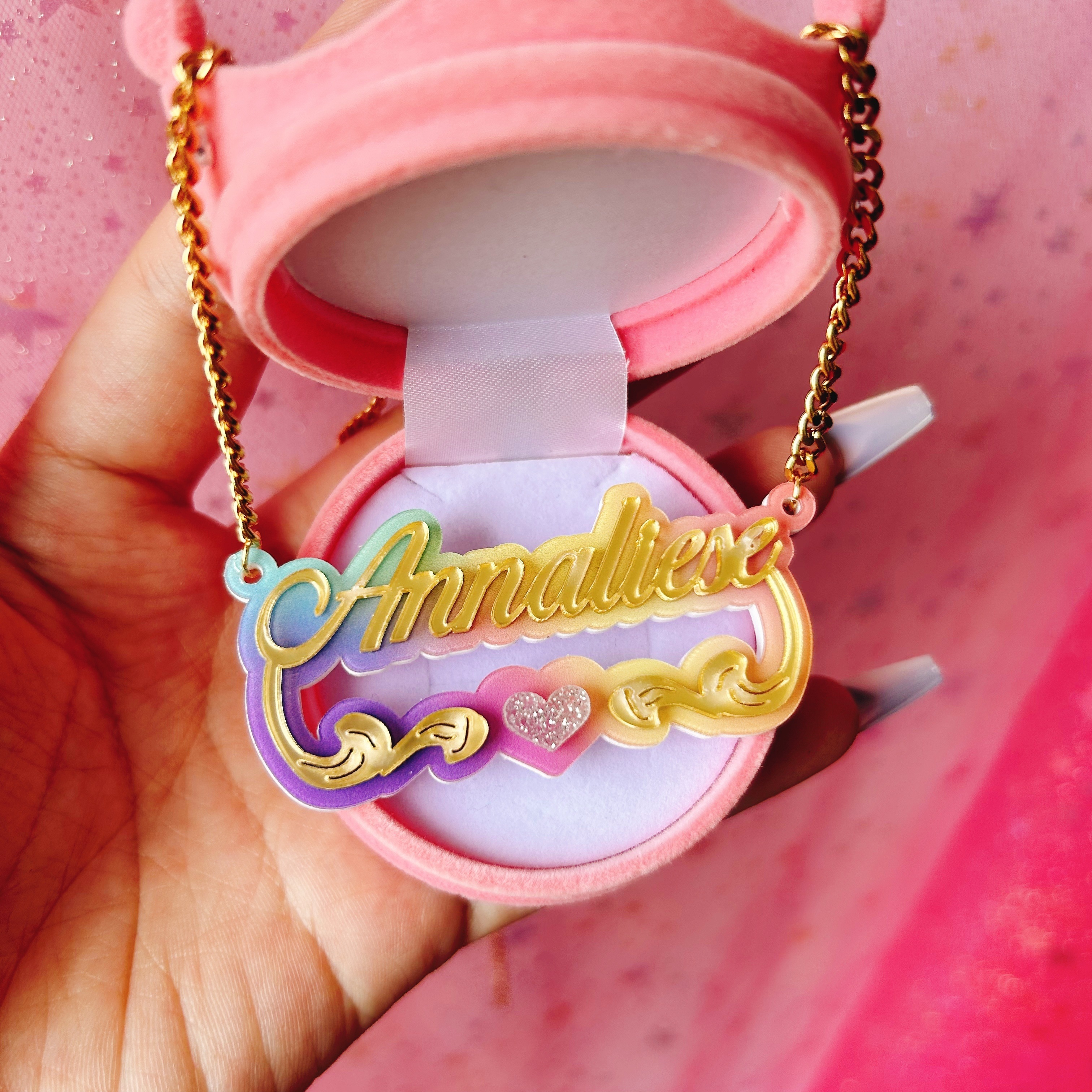 

Custom Acrylic Name Necklace - Double Layer, Rainbow Heart Pendant | Perfect Birthday Gift For Her