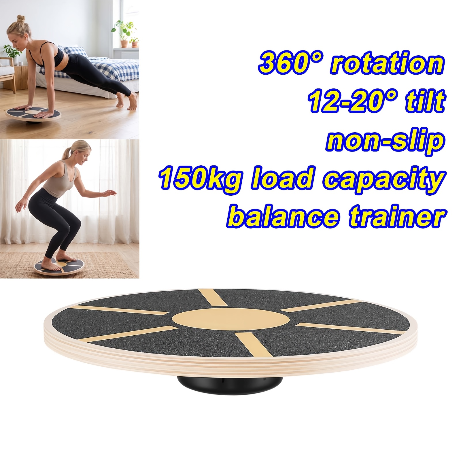 Image of Non-slip Wooden Balance Wobble Board | 150kg Weight Capacity 360° Rotation 12-20° Tilt, Full-body For Plank, Push-up, Standing Balance Exercise