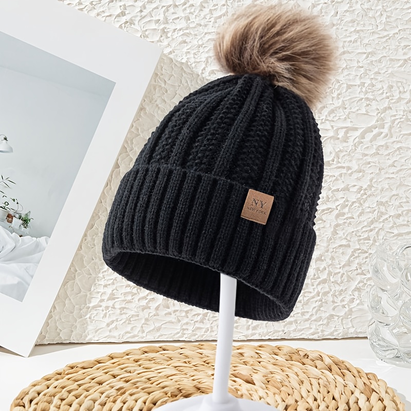 Image of Women's Hat Wheat Earball Rolled Edge Cap Women's Warm Hat Women's Winter New Pullover Hat Thick Warm Hat Large Head Ear Protection Pom-pom Hat
