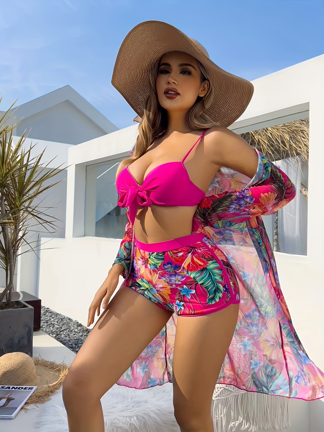 tropical print 3 piece set bikini tie front boxer short bottom with long sleeves cover up shirt swimsuits womens swimwear clothing for holiday rose red 3