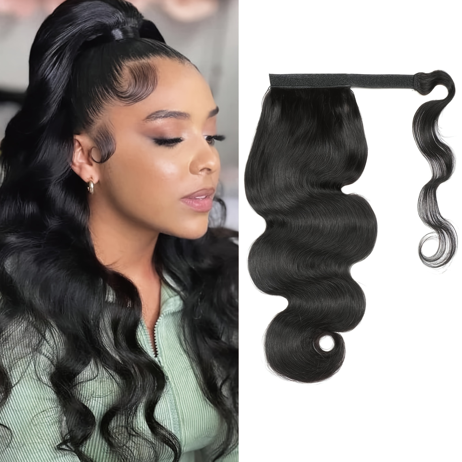 

Body Wave Ponytail Extension Human Hair With Magic Paste Warp Around 10a Brazilian Virgin Human Hair Ponytail For Women Natural Black Color