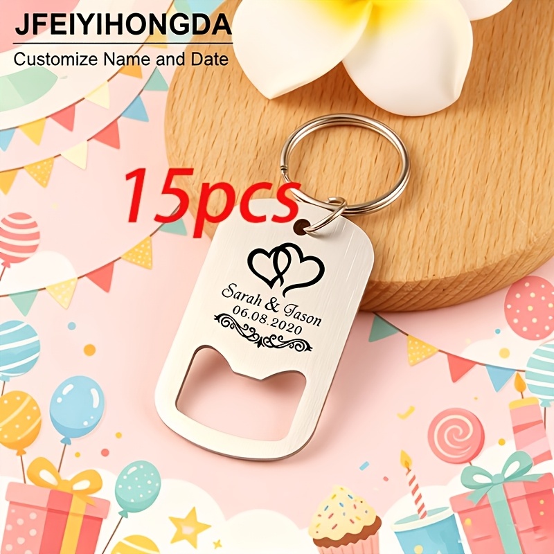 TEMU 15pcs Customized Names, Dates, Laser Engraved Stainless Steel Bottle Openers, Stylish Keychains, Wedding Guest Gifts
