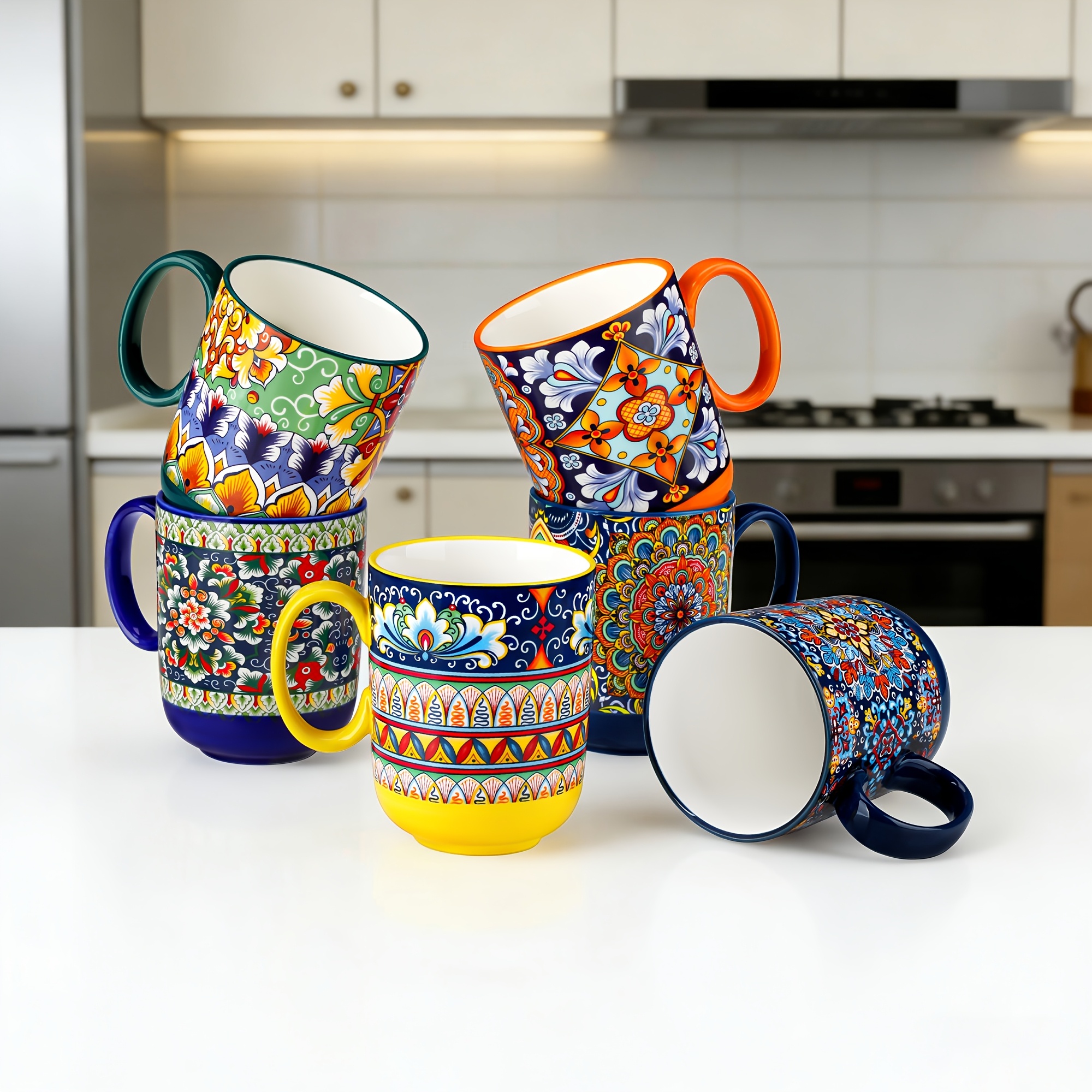 Image of Boho Mug Set Of 6, 14oz Coffee Mugs, Ceramic Coffee Cups For Man, Woman, Dad, Mom, Modern Mugs Set Of 6 For Latte, Cappuccino, , Dishwasher And Microwave Safe