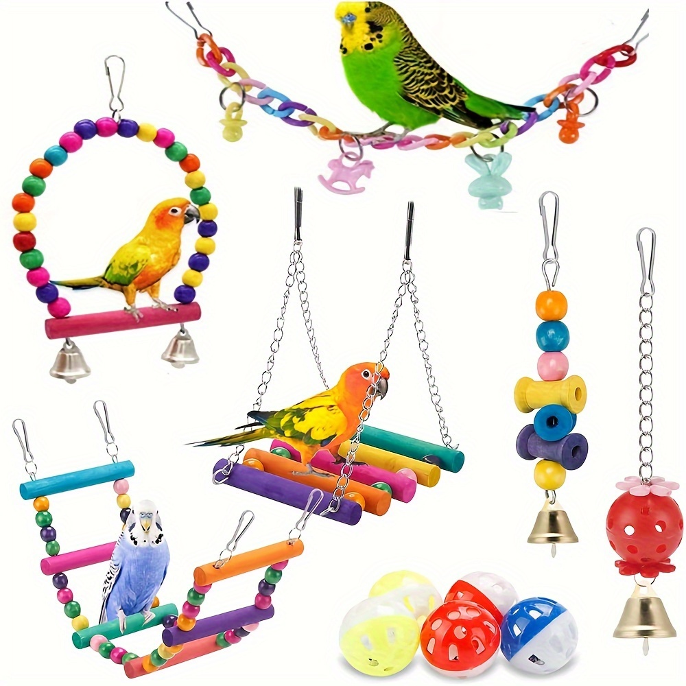 

3 Pack Bird Parakeet Toys With Plastic Material - Colorful Hanging Swing, Chewing Toy, And Bell-toy Set For Budgerigar, Parakeet, Conure, Cockatiel, Mynah, Love Birds, Finches