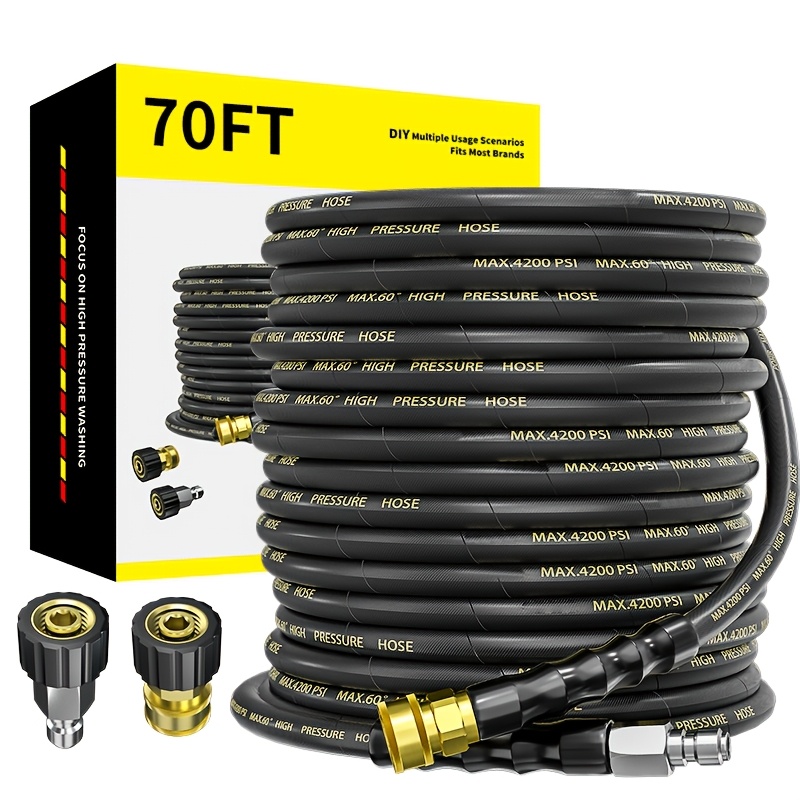 

Pressure Washer Hose 70ft With 3/8" Quick Connector, High Tensile Wire Braided Kink Resistant 1/4 Inch Power Washer Hose 4200 Psi, 2pcs M22 14mm To 3/8" Adapter Set, Multi-scene Use