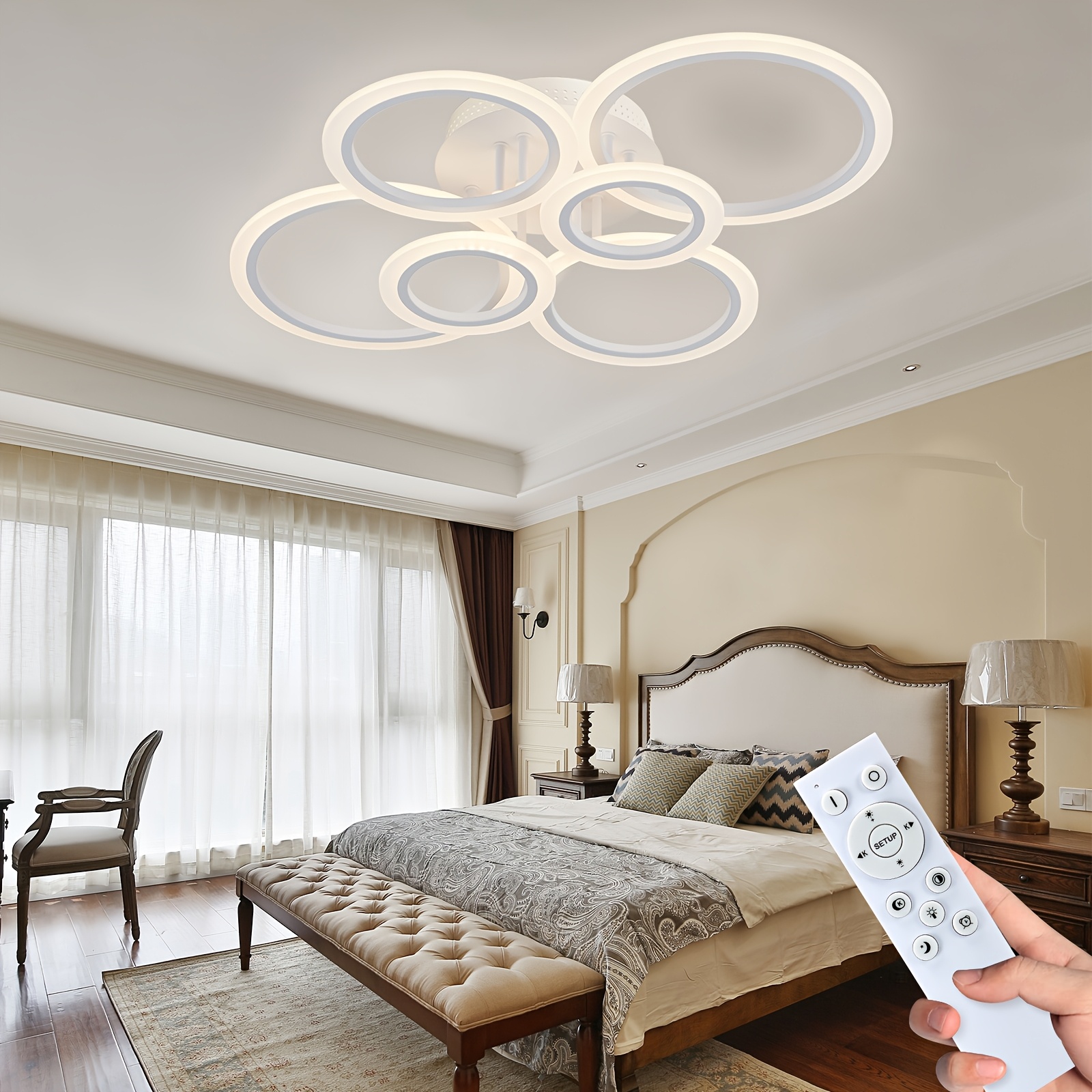 

6-head Modern Led Ceiling Light Fixture, Dimmable Flush Mount With Remote Control, Indoor Hardwired Low Profile Lighting For Living Room Bedroom Kitchen, 85v-265v Led Lights