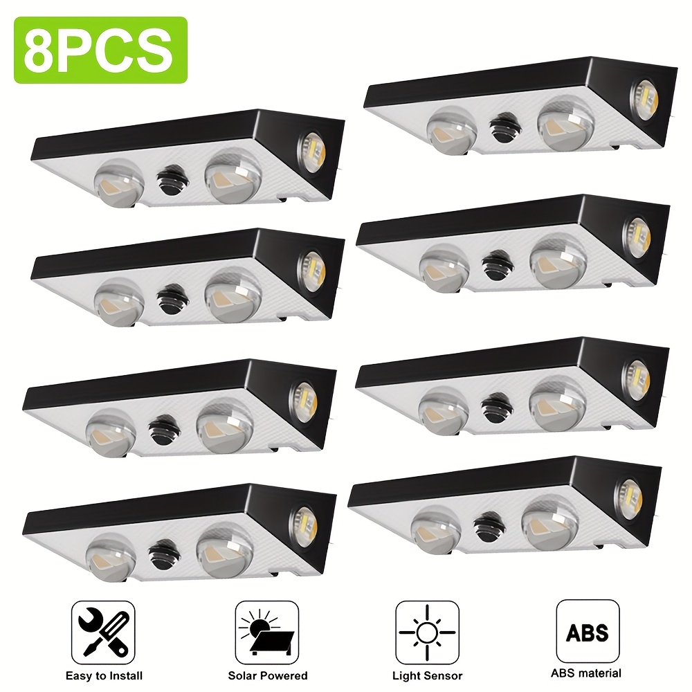 TEMU 4/8 Stück Solar Zaunleuchten Garten, 3-seitige LED Solar Stufenleuchte mit 10 Beleuchtungsmodi, Solarbetriebene Deckleuchte mit RGB 9 Farben,