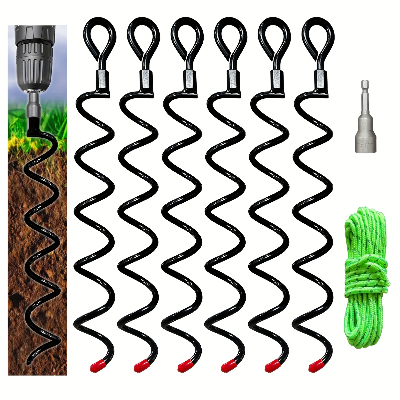 

6pcs Heavy Duty Screw-in Ground Anchors Kit - 16" Spiral Stakes For Trampoline, Dog Tie Outs, Securing Tents & Canopies - Includes 30ft Nylon Rope