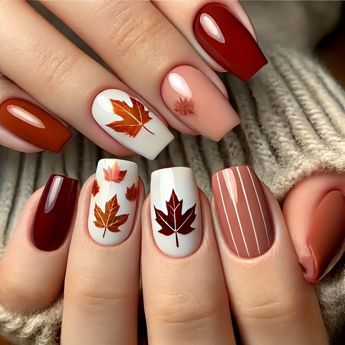 TEMU Faux ongles à pression pour femme, rouge, marron, blanc, carrée, longueur moyenne avec motif à rayures de feuilles d'érable, design simple et