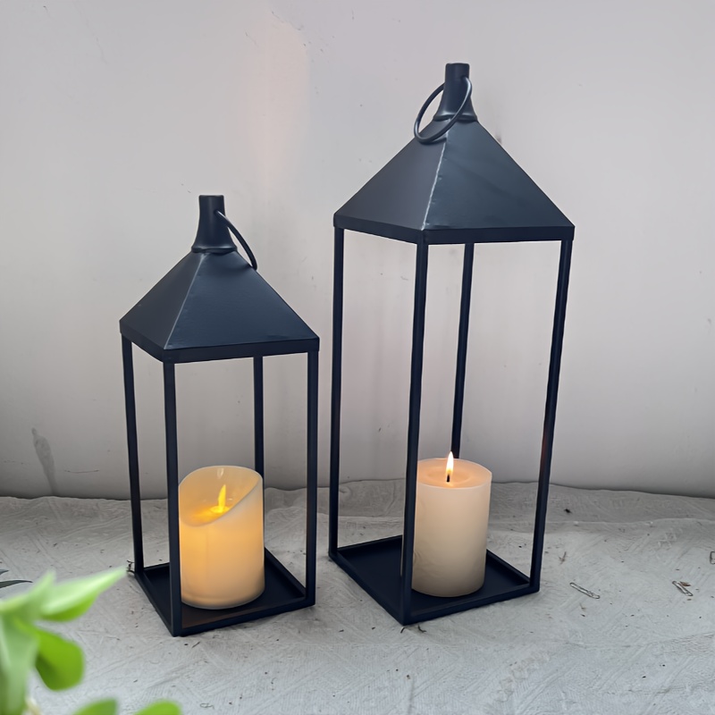 TEMU 2pcs Set Black Metal Candle Lanterns - Indoor & Outdoor Decor, Parties, Weddings | Vintage Style Hanging Lights By Hanyial, Best For Christmas