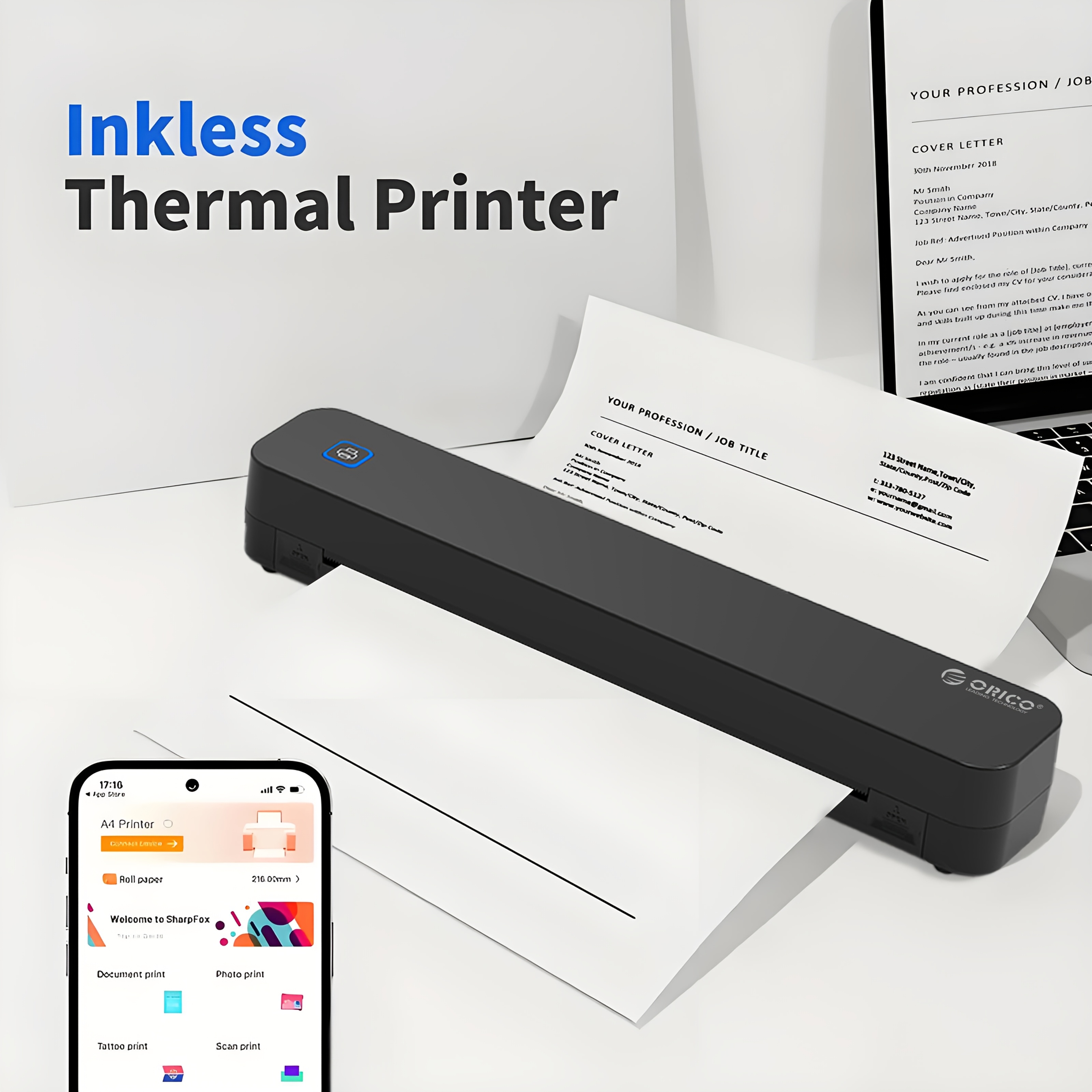 a4 inkless printer thermal portable printer supports folding paper and roll paper printing compatible with   and ios printing built in battery usb charging wireless printer for travel vehicle office and school