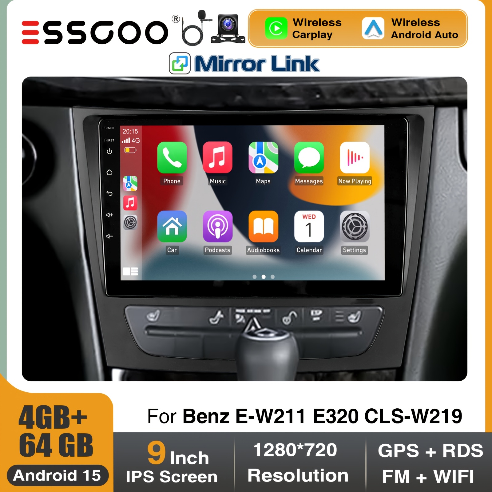 Essgoo 4gb+64gb 15 Radio Upgrade For Mercedes-benz Cls W219 With Frame, Car Stereo 9 Inch Ips Touchscreen With & Auto, Gps Navigation, Wifi, Asp Sound Setting, Steering Wheel Control, Fans Cooling