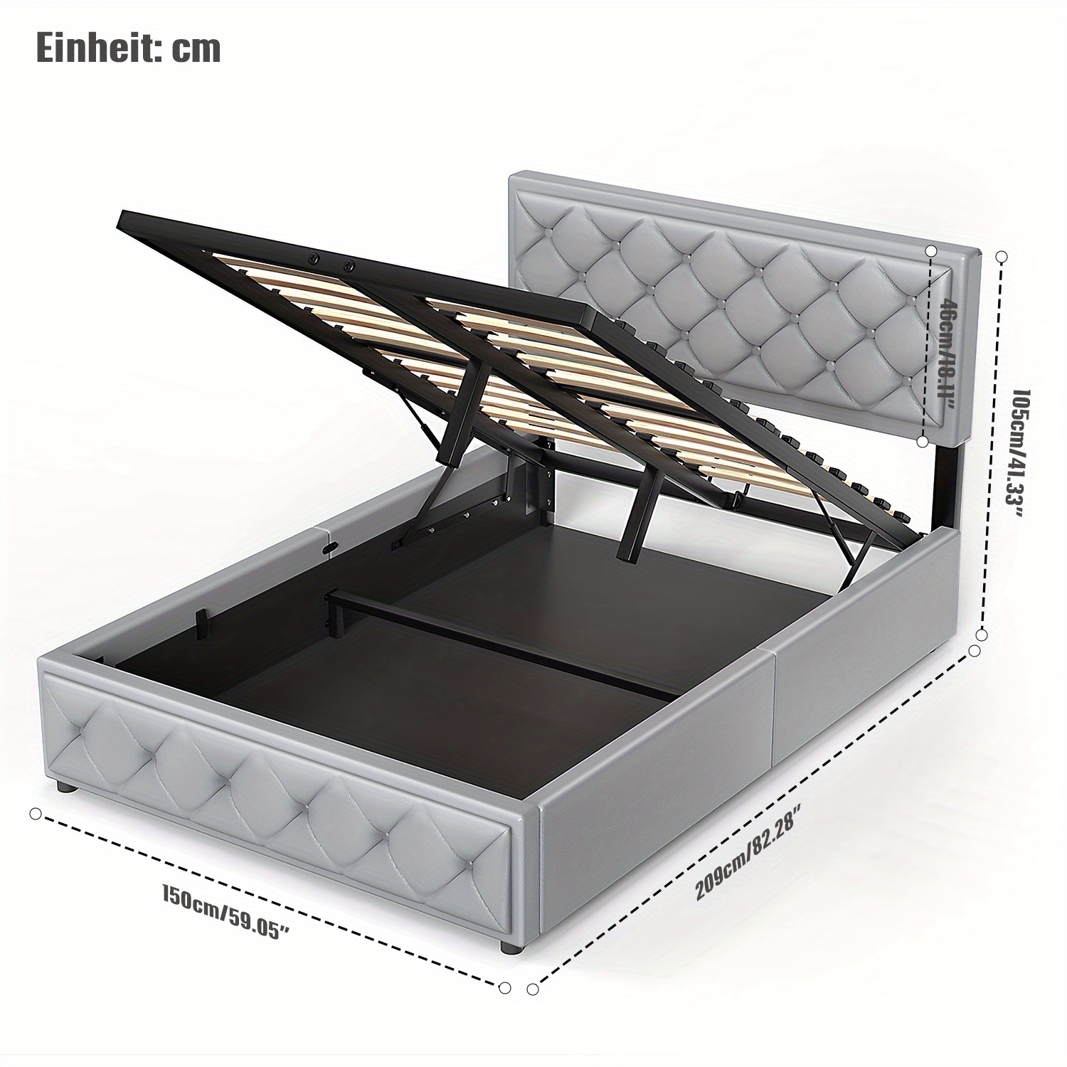 Double Bed Frame Gas Lift Up Bed Upholstered Bed Frame, Wooden Slats Space Bed Frame Bed With Storage, 140*200cm Dark Grey No Mattress