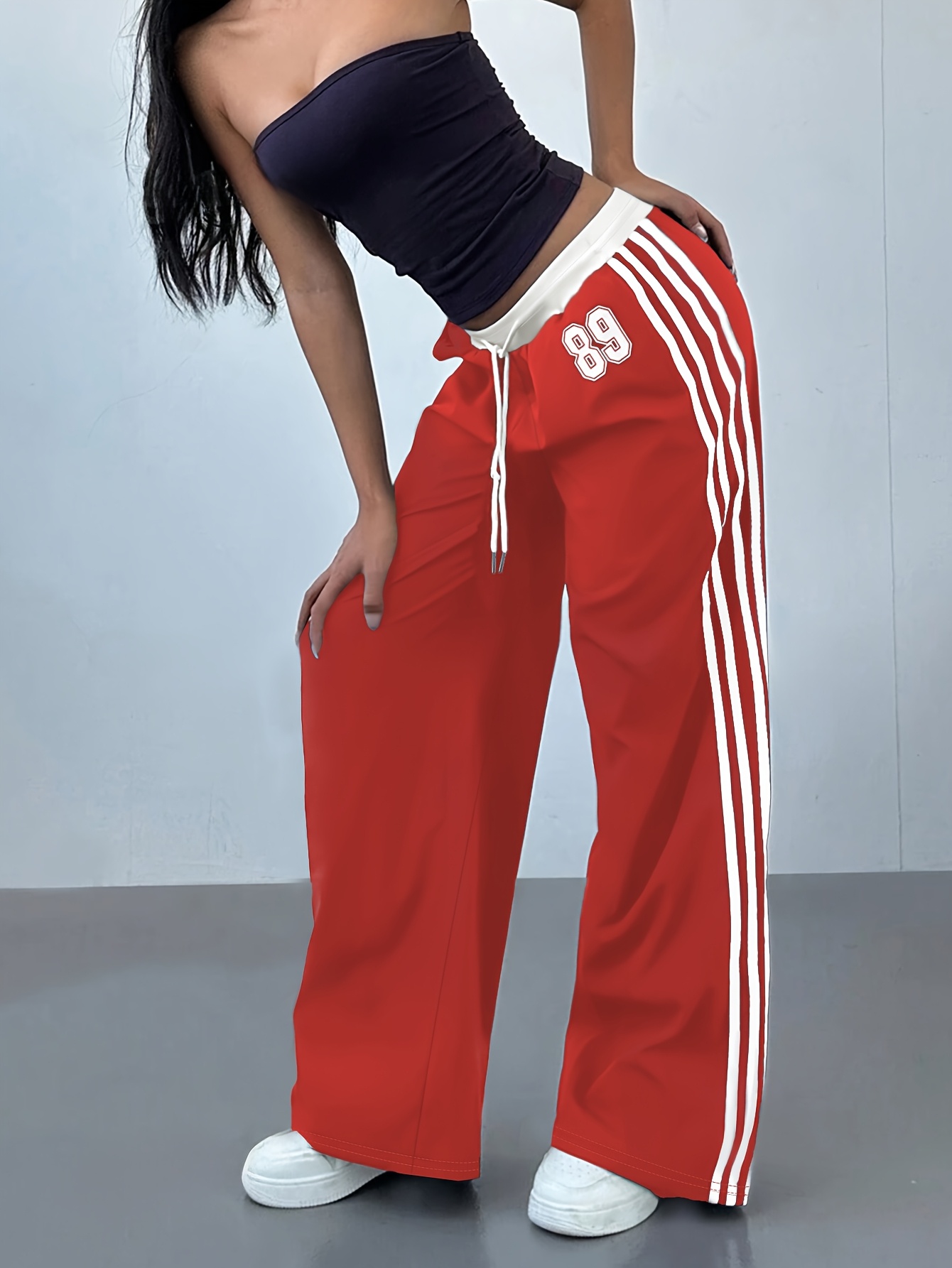 Women's Lightweight Casual Jogger Pants Vibrant Red with White Side  Stripes Geometric Print, Loose-Fit Wide-Leg Design, Adjustable Drawstring 