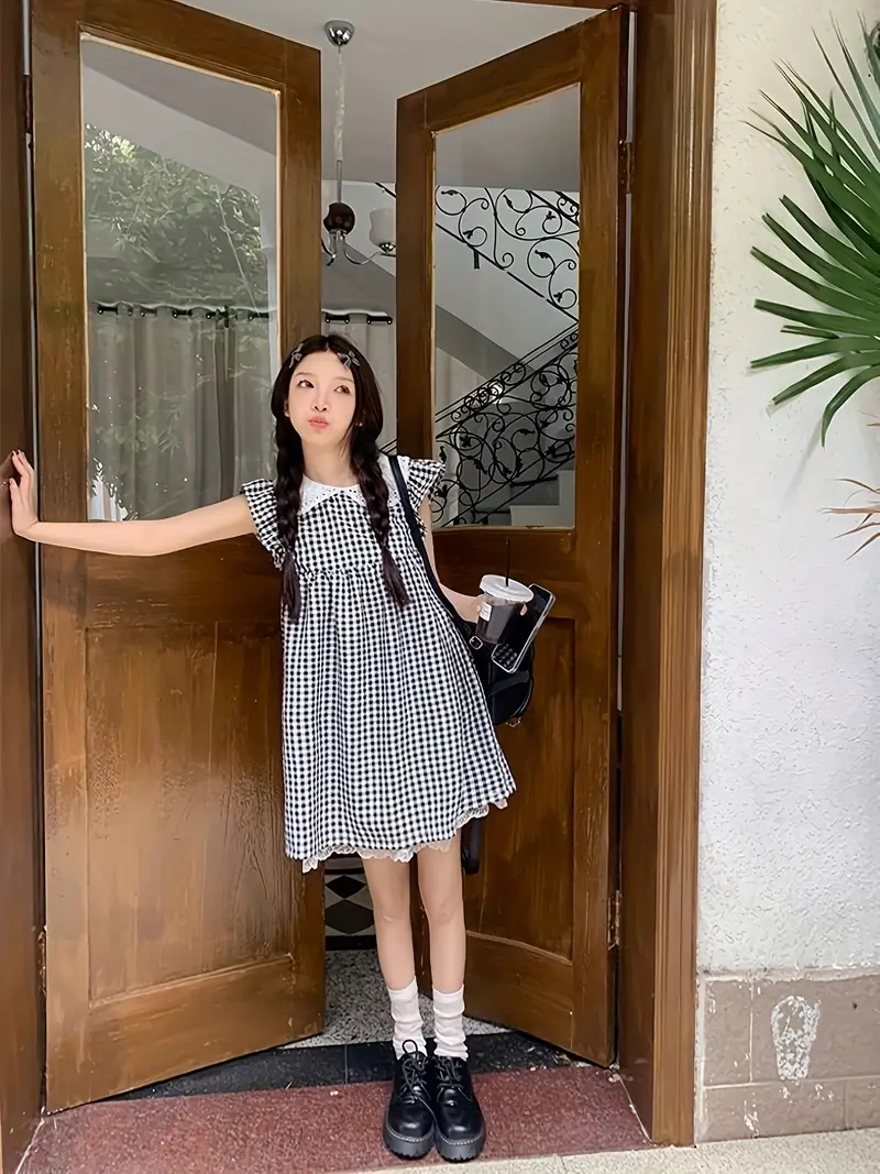 black white checkered short dress a peter pan collar - Temu Mauritius black white checkered short dress a peter pan collar - Temu Mauritius