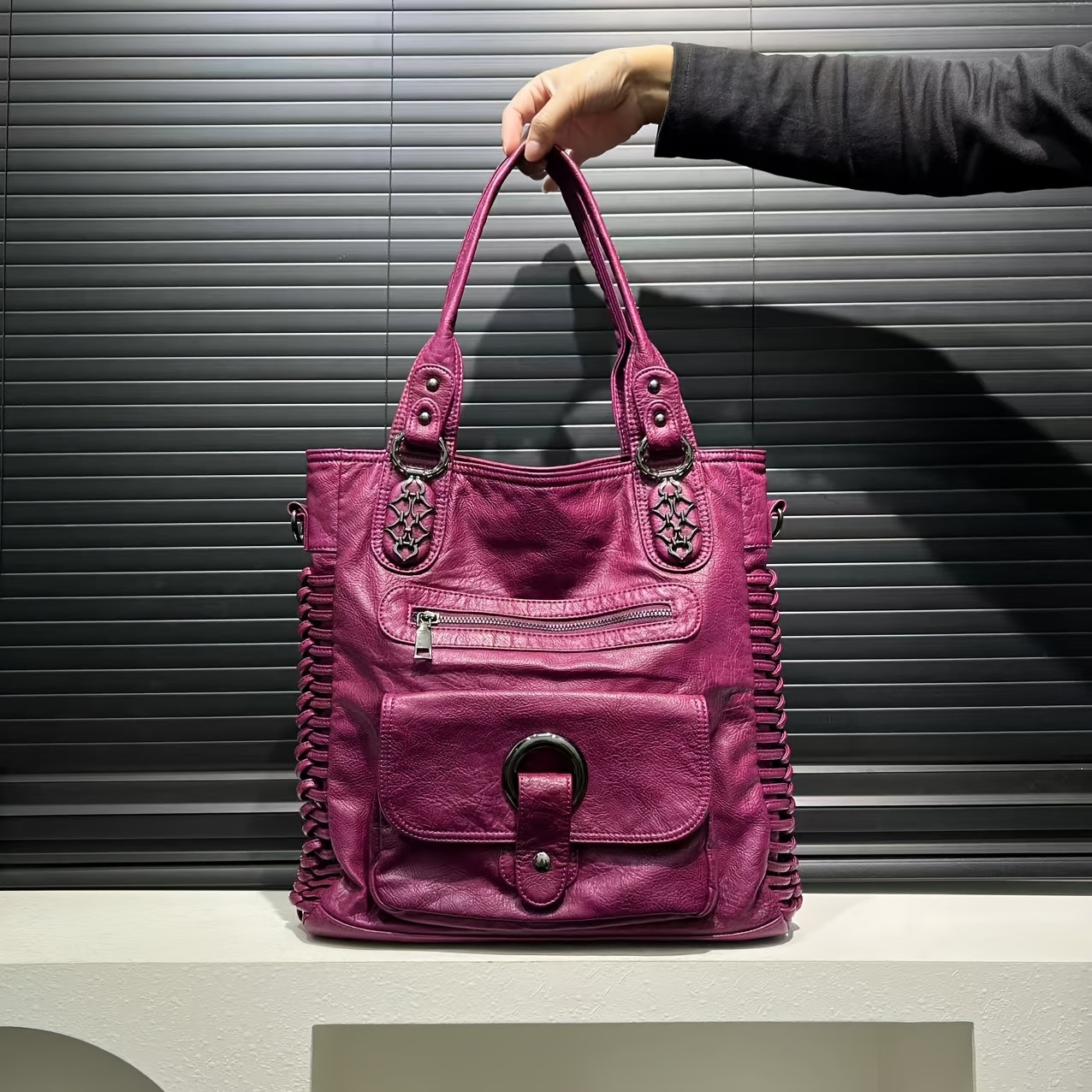 womens fashion vintage tote bag y2 biker bag washed - Temu