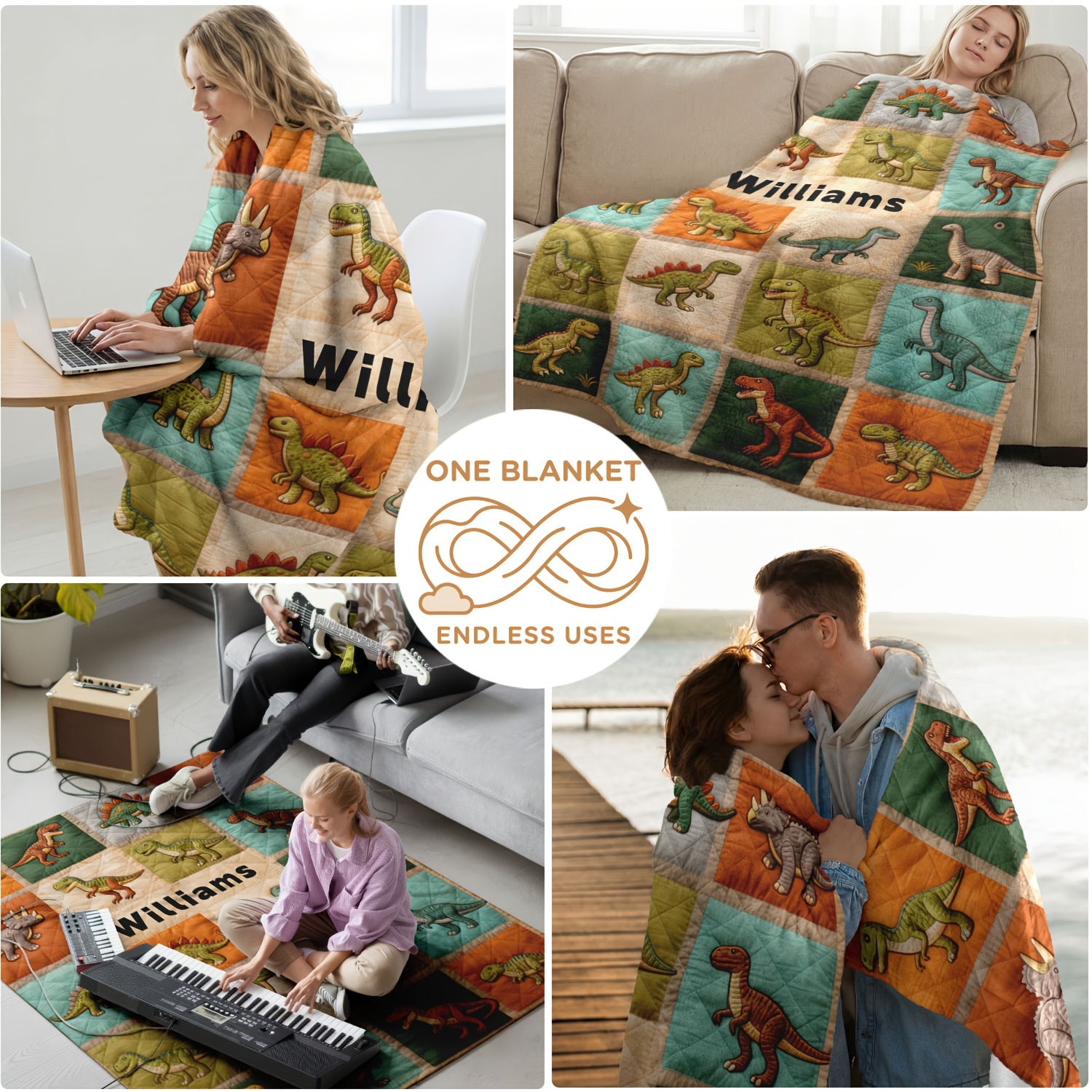 Personalized Custom Name Dinosaur Puzzle Piece Flannel Blanket