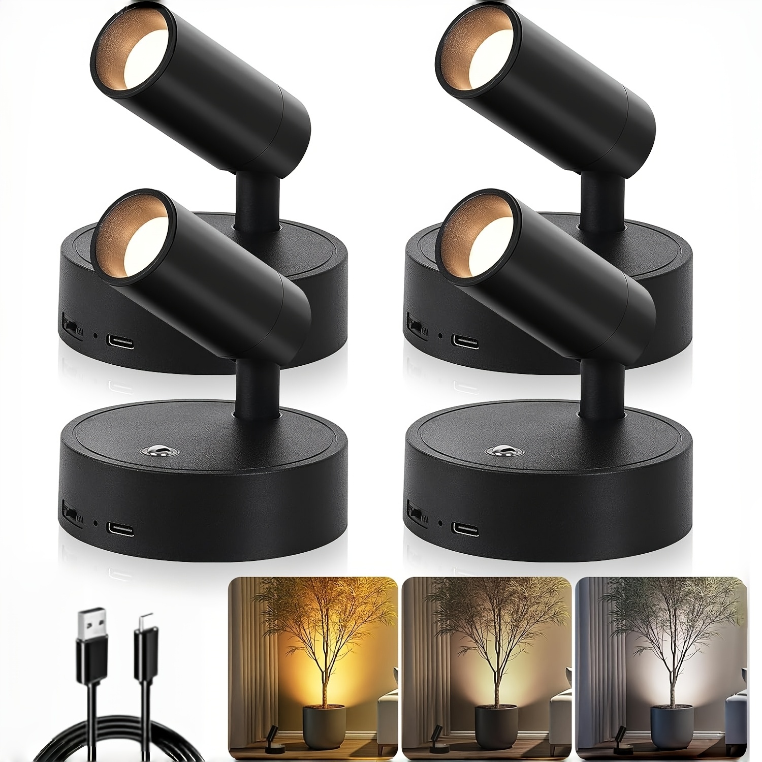 TEMU Set Of 4/2 Wireless Led Spotlights For Indoor Use, Featuring Adjustable Three-color Lighting, Motion Detection, And Magnetic Wall Mounting. This