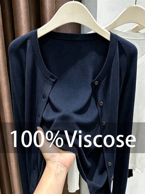 Artikelbild neue vier-jahreszeiten-cardigan für damen, pendlert-stil mit rundhalsausschnitt, einreihige knöpfe, feine textur, gerippter saum, lange ärmel, vielseitiges oberteil für alltägliche freizeitausflüge, fällt groß aus
