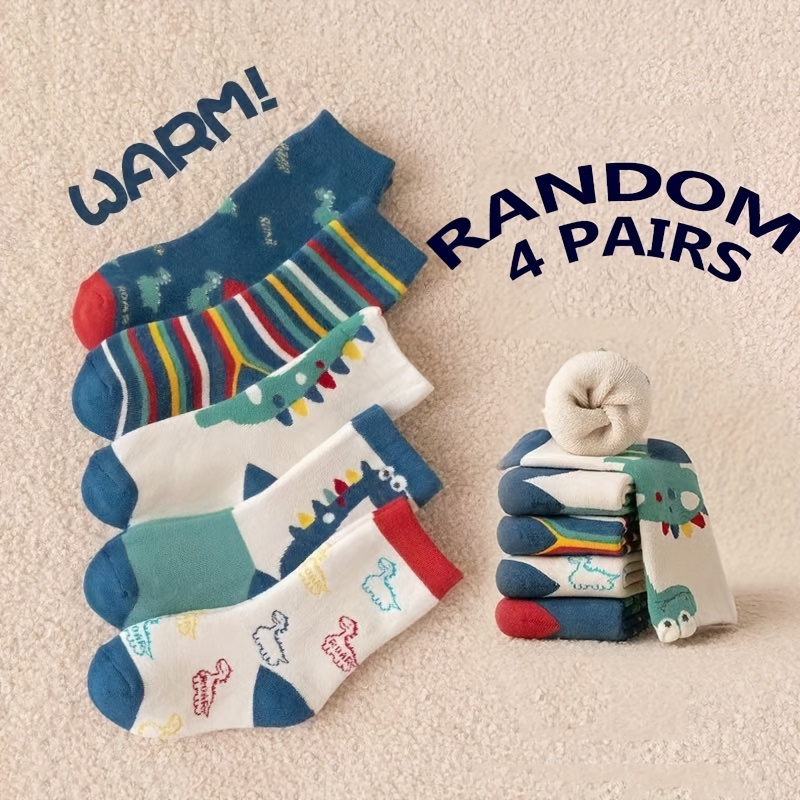 4-pair Boys' Socks, Autumn/winter Cartoon Dinosaur Mid-calf Socks For Boys And Girls, Random Colors