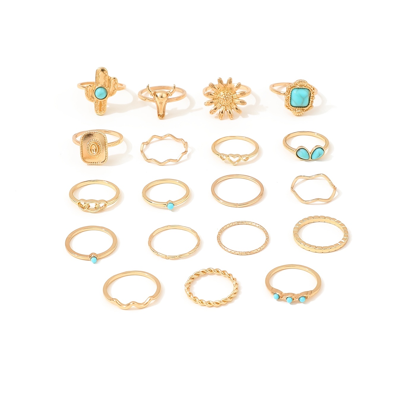 19pc Alloy Faux Turquoise Inlaid Stackable Ring Set