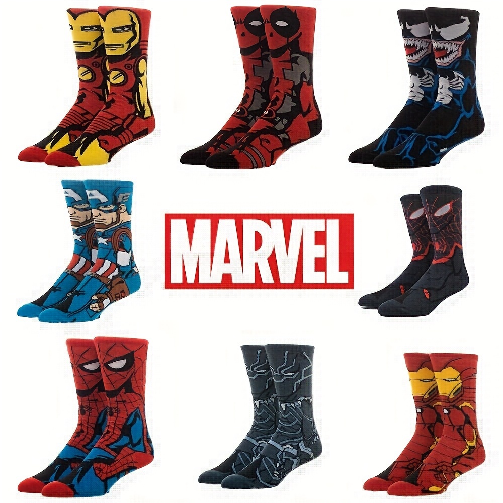 

1 Or 8 Pairs Of Men's Cotton Fashion Superhero Pattern Crew Socks, Comfy & Breathable Elastic Socks, For Gifts, Parties And Daily Wearing, All Seasons Wearing