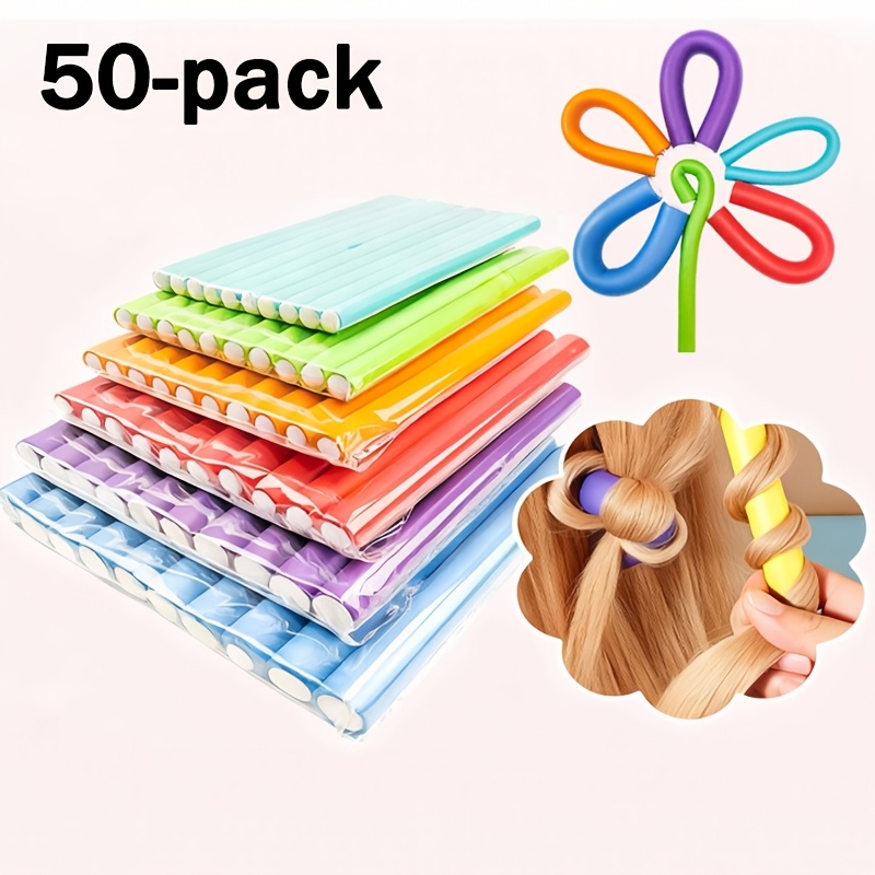 TEMU 50pcs Flexible Heatless Curling Iron Set, Twist Foam Curling Irons, For Diy Soft Waves And Spiral Curls On Short And Long Hair, Random Color