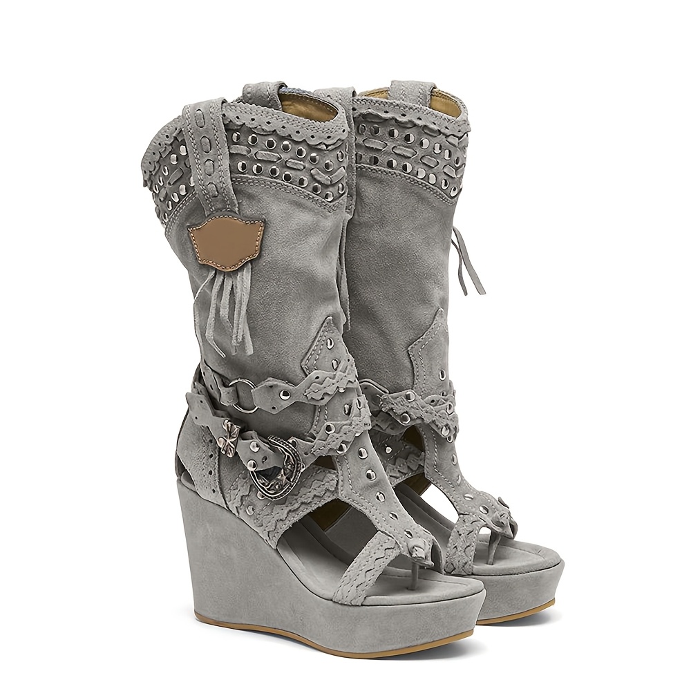 Image of Fringe Rivet Decor Mid Calf Wedge Boots, Spring Summer Footwear, Multi Tones, Streetwear& Vacation Wear, Women Shoes
