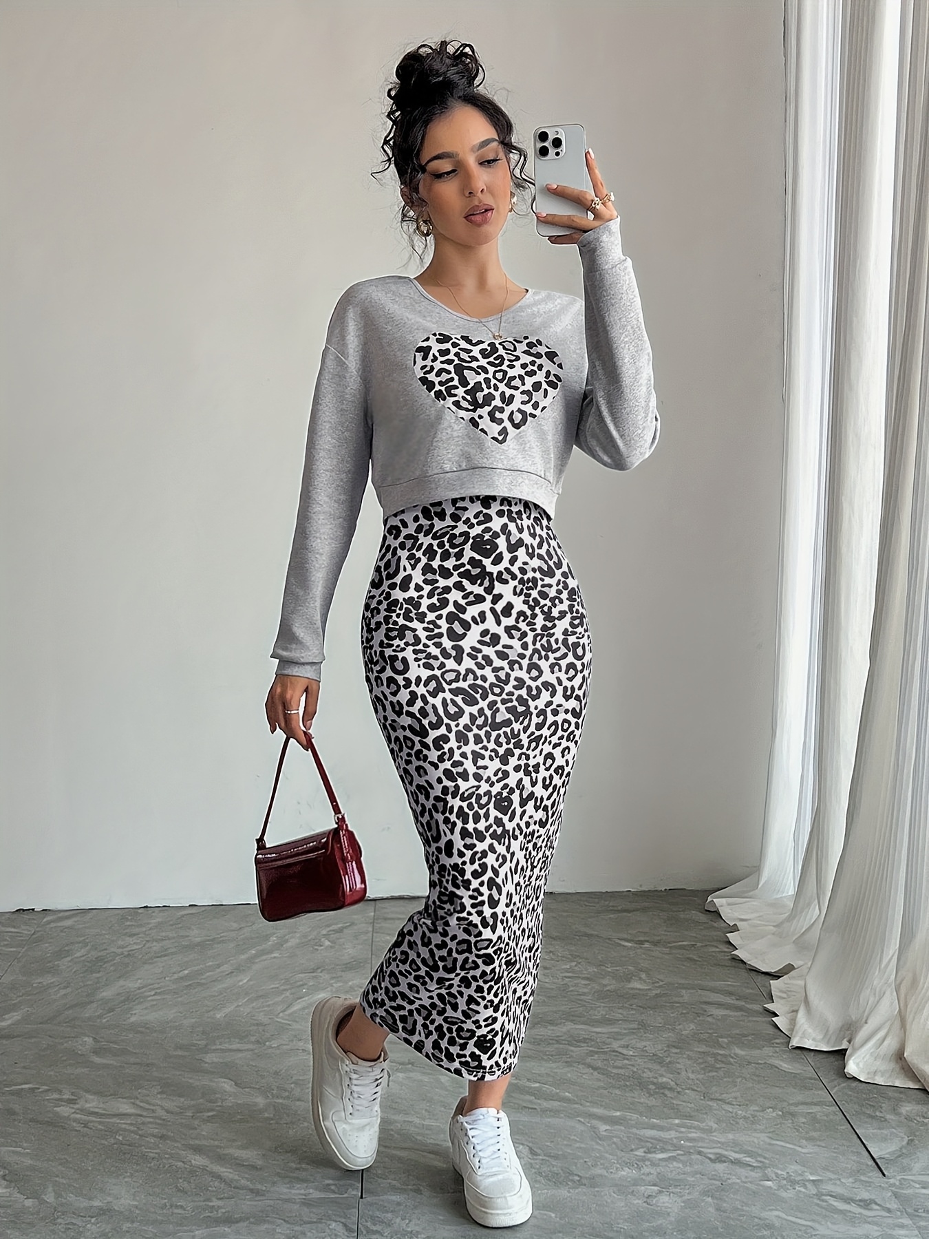 2pcs elegant leopard print dress suit polyester knit fabric Temu