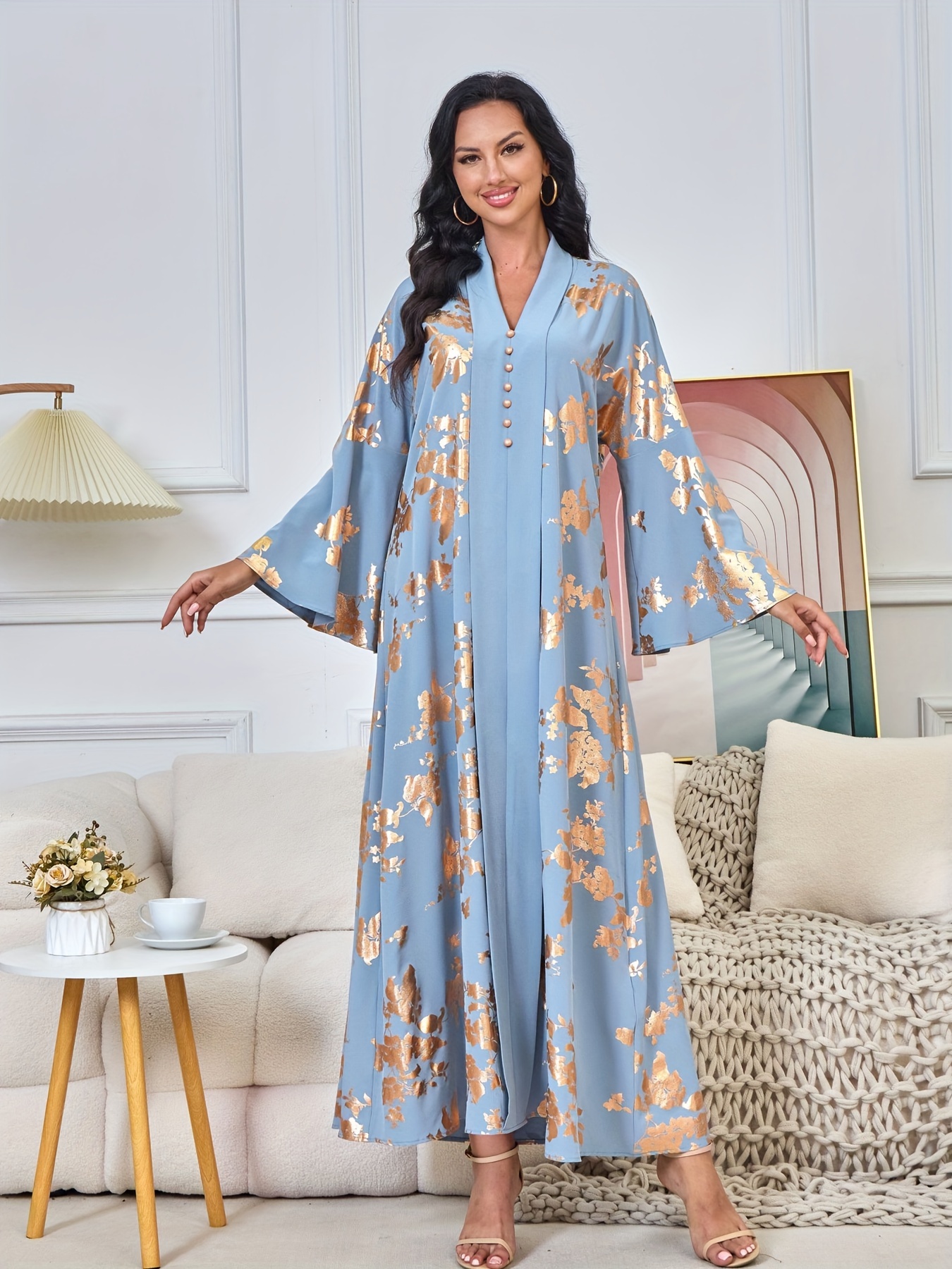 Targeted Stylish And Elegant Kaftan Robe * Decoration Extra Long Dress  V-Neck Modification Women'S Waist Dress Women'S Clothing Long Women'S Dress  Flared Sleeve Clothes
