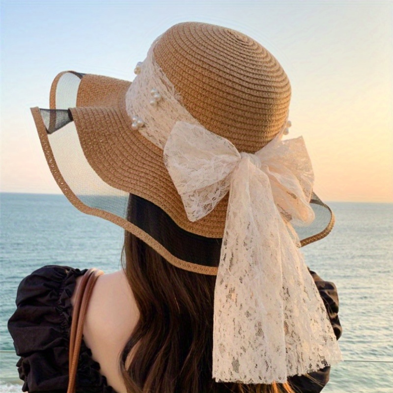 womens elegant large wide brim sun hat beige brown lace - Temu display picture 1