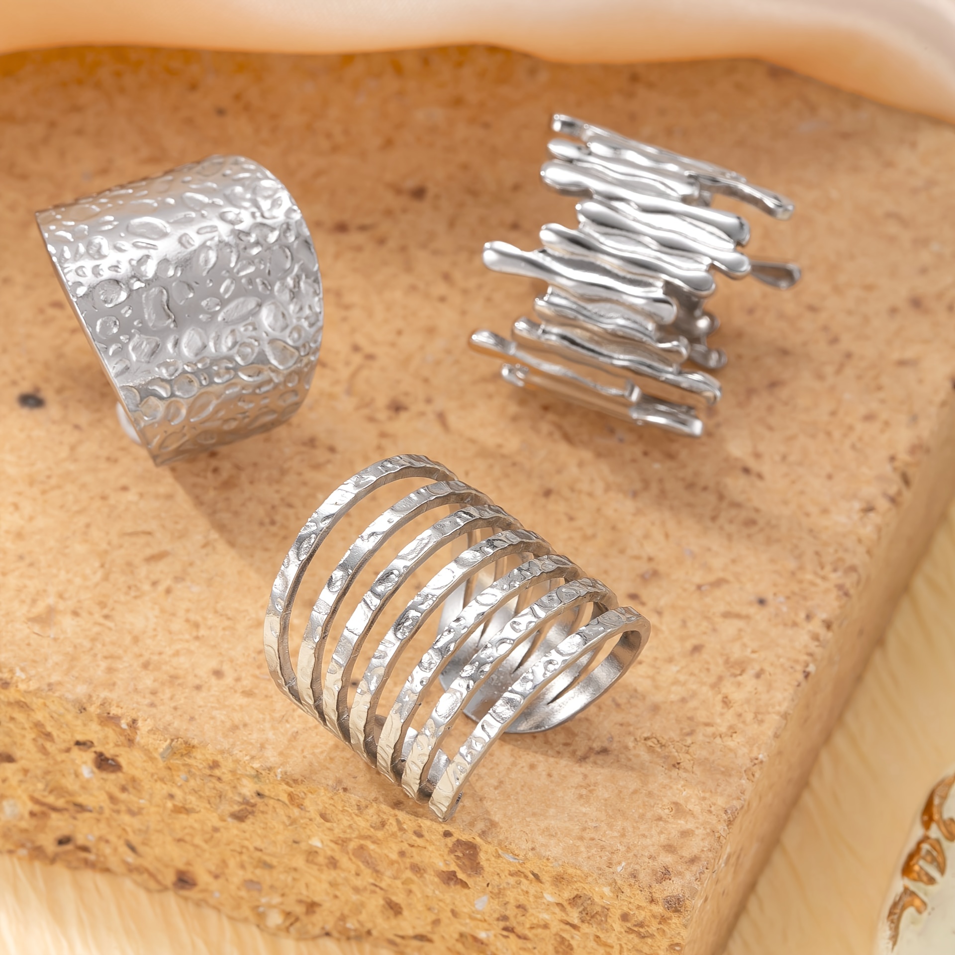 TEMU 3 Stainless Steel Open Rings, Wide Band