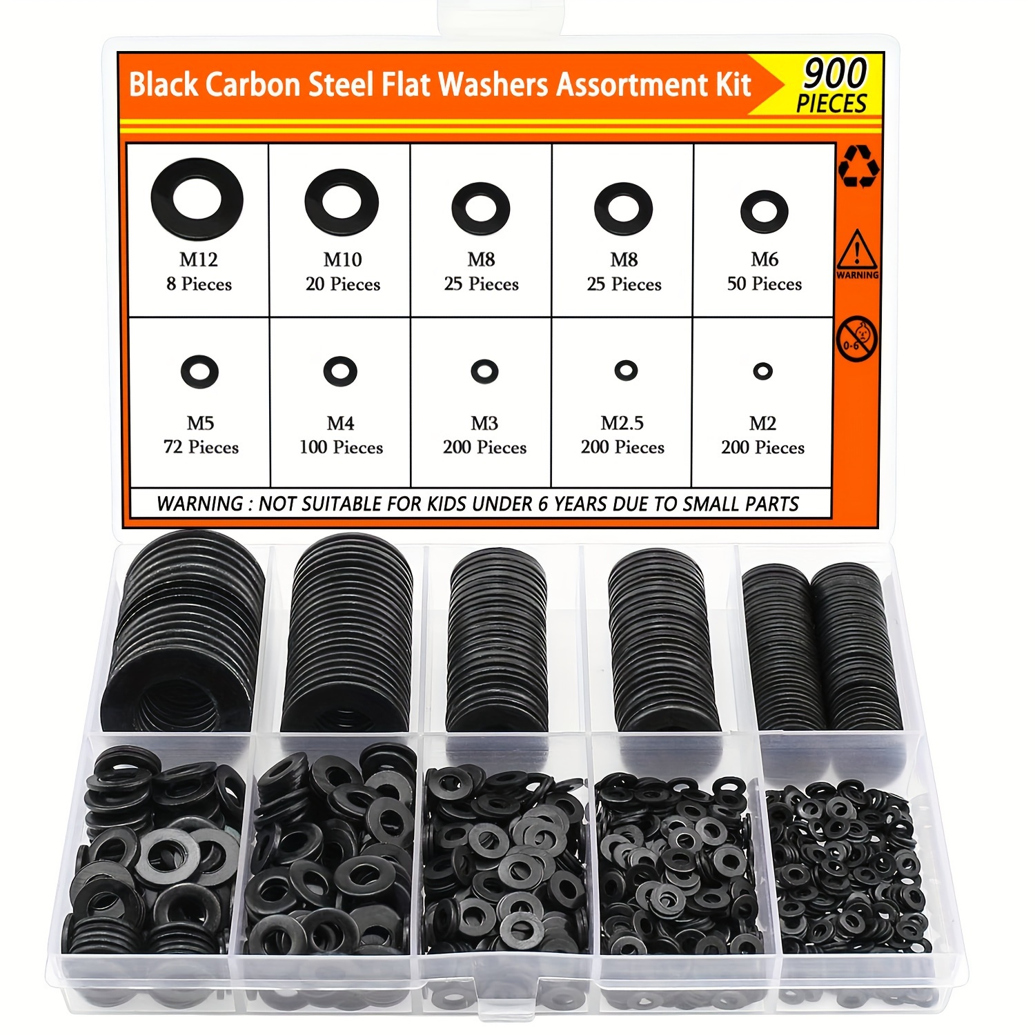 

900pcs Steel Flat Washer Assortment Kit - Metal Washers For Screws & Bolts, Sizes M2-m12, With Clear Organizer Case - Diy Projects & Repairs