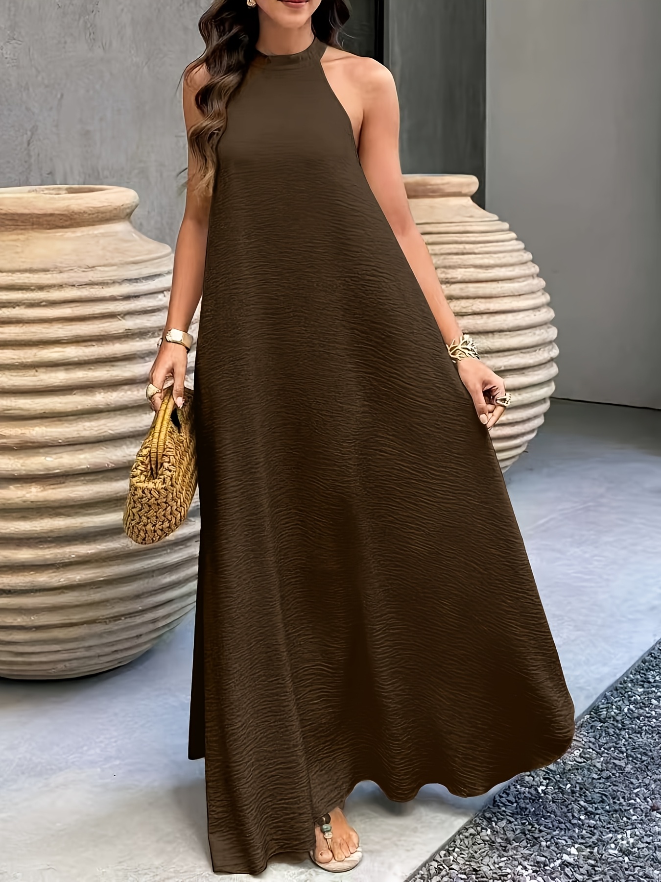 temu holiday dresses * Bohemian Style Dress * Ribbed Neckline, Suitable for Spring Summer, Beach Dress, Women'S Long Summer Dress Clothing temu sunflower dress model