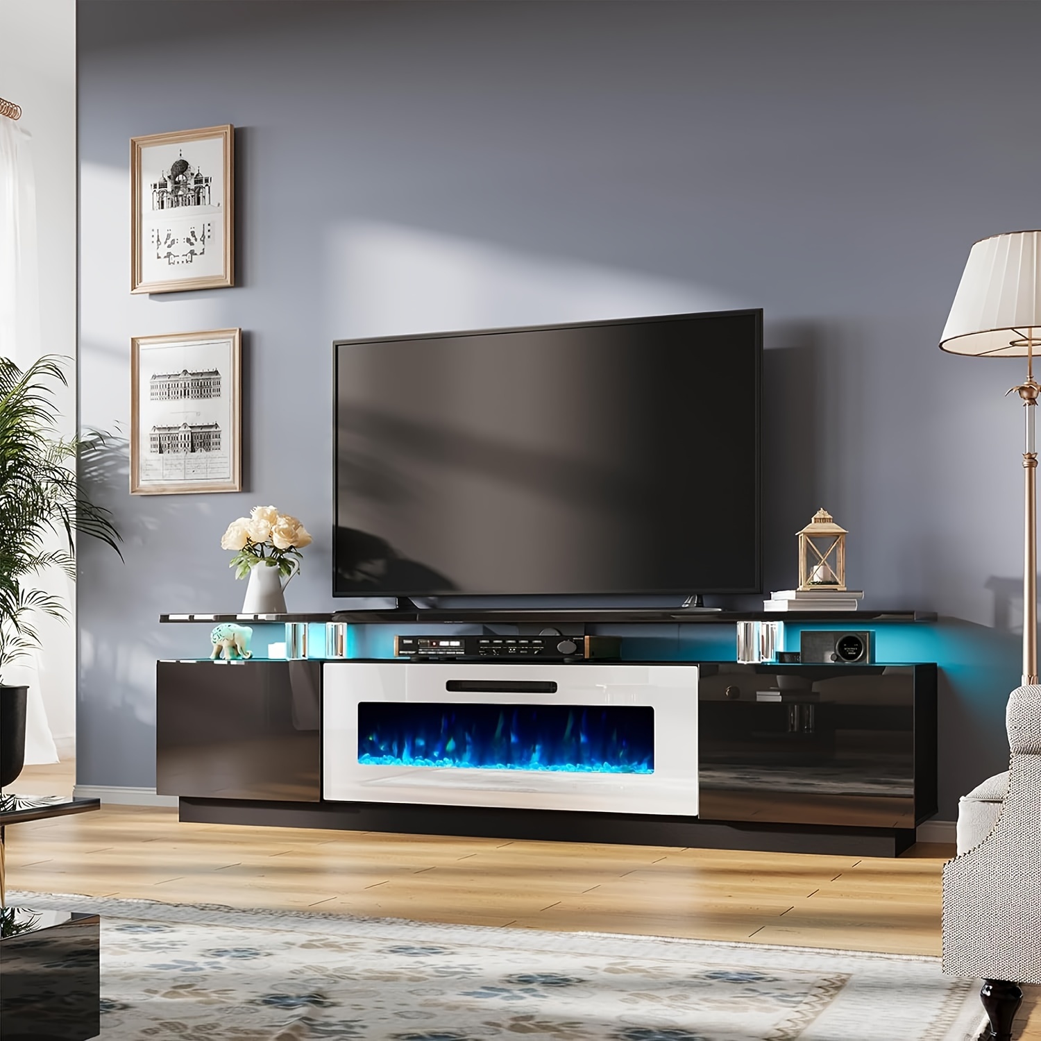 Meuble TV Avec Cheminée Middlebrook - Noir - Style Bois élégant