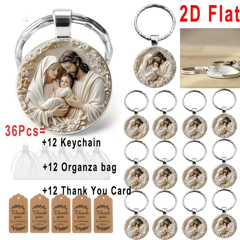 TEMU 2d Flat 36pcs/12sets -themed Keychains, Round Alloy Pendant Keychains, Suitable For Christmas, Easter, Guardian Faith Daily Wear Additions,