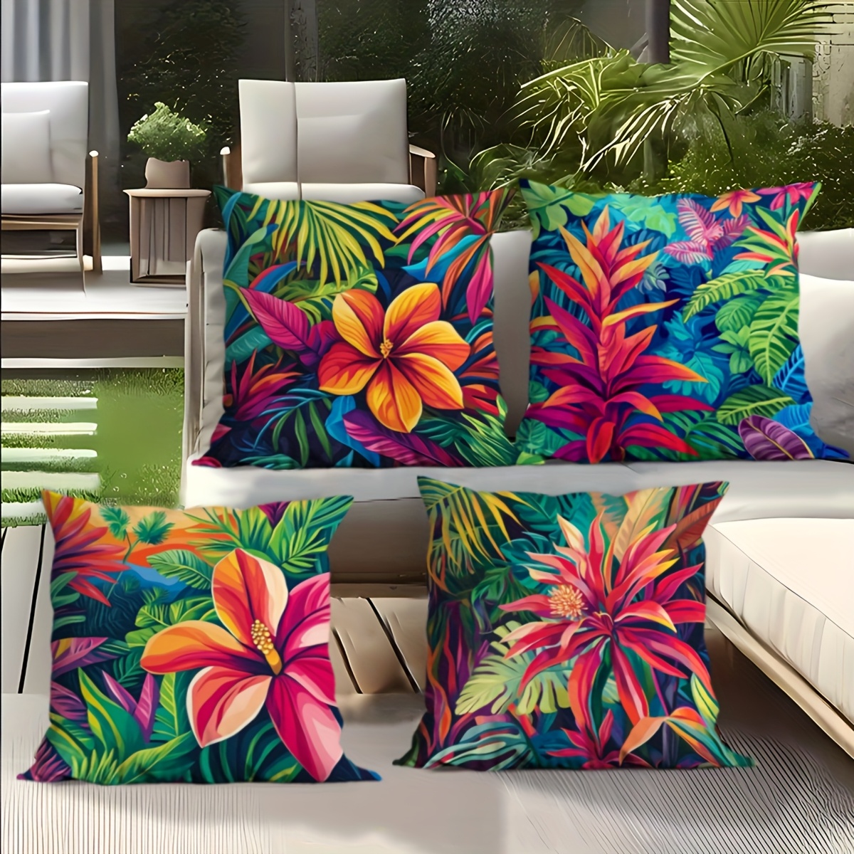 4pcs   bio   palm leaf pillow covers coastal summer decor with dark background multicolor tropical prints weather resistant zippered cases suitable for indoor valentines day easter decorations