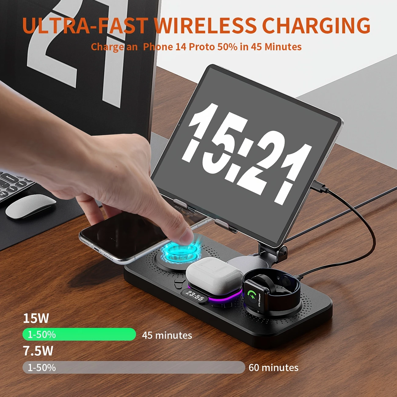 6in 1 Wireless Charging Station for Multiple Devices, Magnetic Fast Charger Foldable Stand Dock with Alarm Clock Night Ligth for iPhone 15 14 13 12 Series, for iWatch 9 8 7 6 5 4 3 2, for Pro2 Pro 3 2, Rotating Holder for iPad details 2