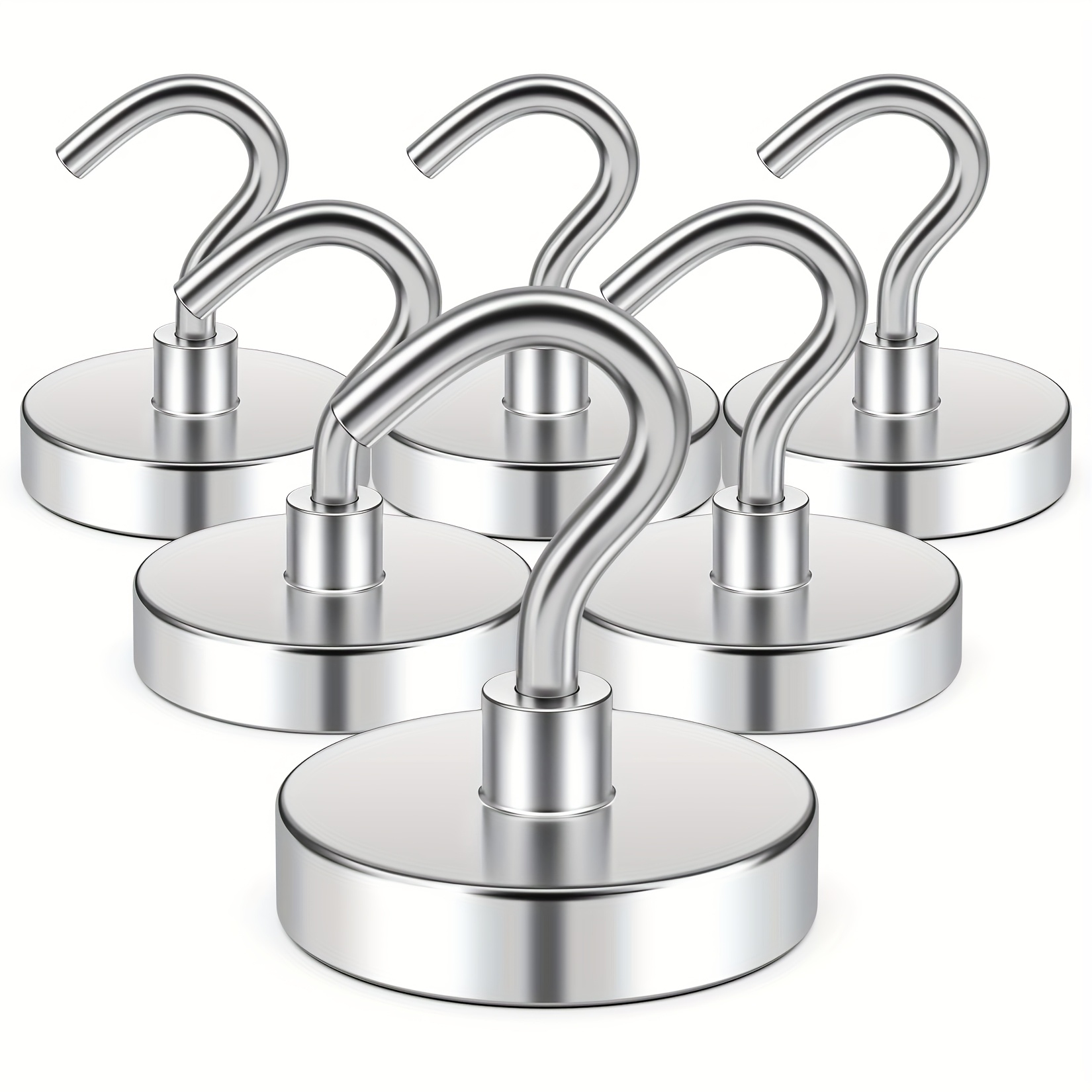 

6pcs Heavy Duty N52 Neodymium Magnetic Hooks - Strong Magnets For Hanging, Ideal For Refrigerator, Home, Kitchen, Office & Cruise - Polished , Industrial Hardware (silvery, 80lbs)