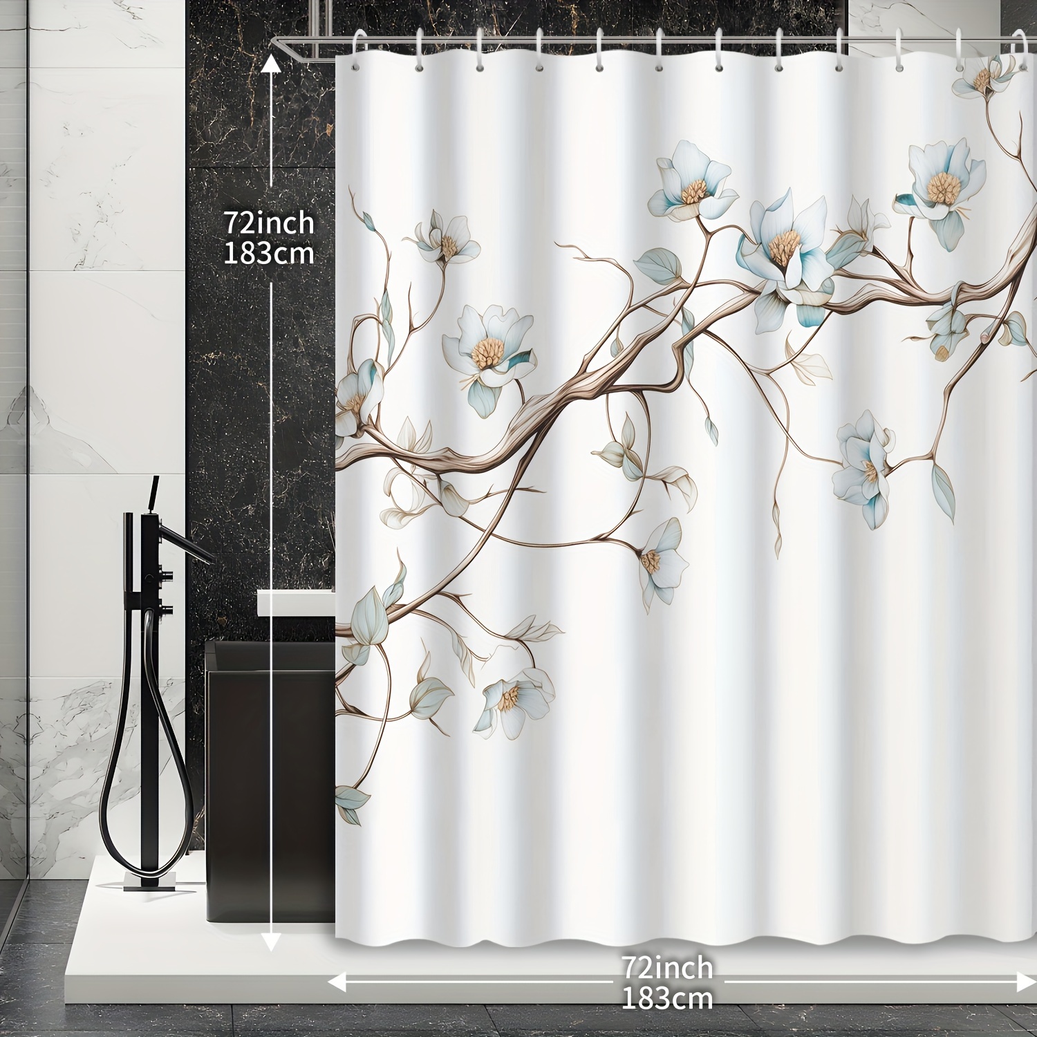 TEMU 1pc Chinese Elegant Watercolor Blue Floral Branch Bathroom Shower Curtain With 12 Hooks Shower Curtain, Bathroom Decoration, Bathroom Accessories