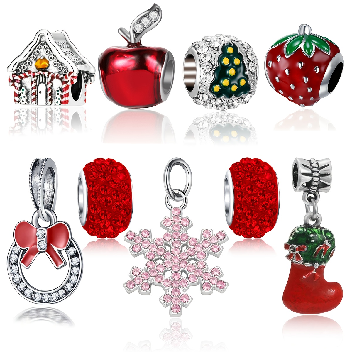 TEMU 9pcs Christmas Set Featuring Stylish Crafts, Snowflake Socks, Strawberry-shaped Bead Pendants, And Additions For Making Bracelets And Necklaces