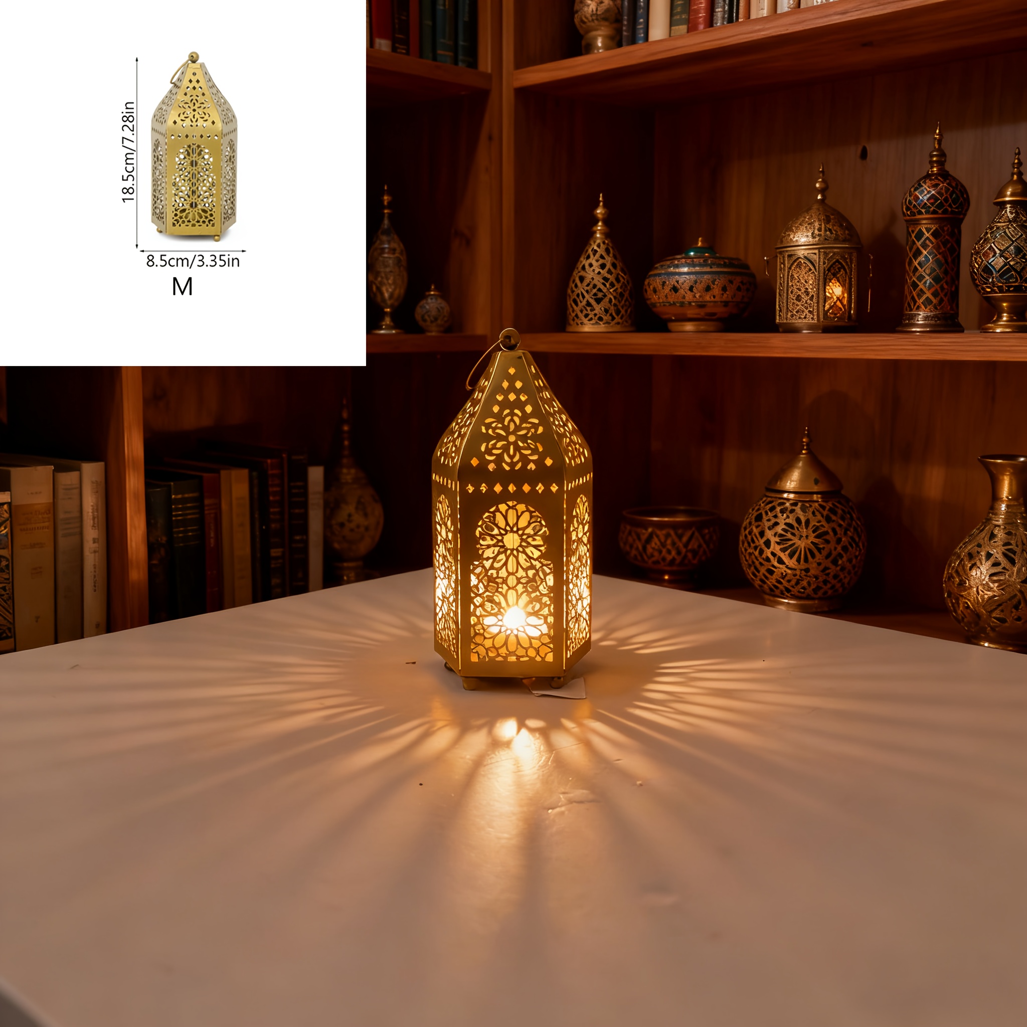 TEMU 1pc Ornate Golden Moroccan Metal Candleholder - Lantern With Hollowed-out Carved Design & Golden, Tabletop For Ramadan/eid Al-fitr/id /guruban