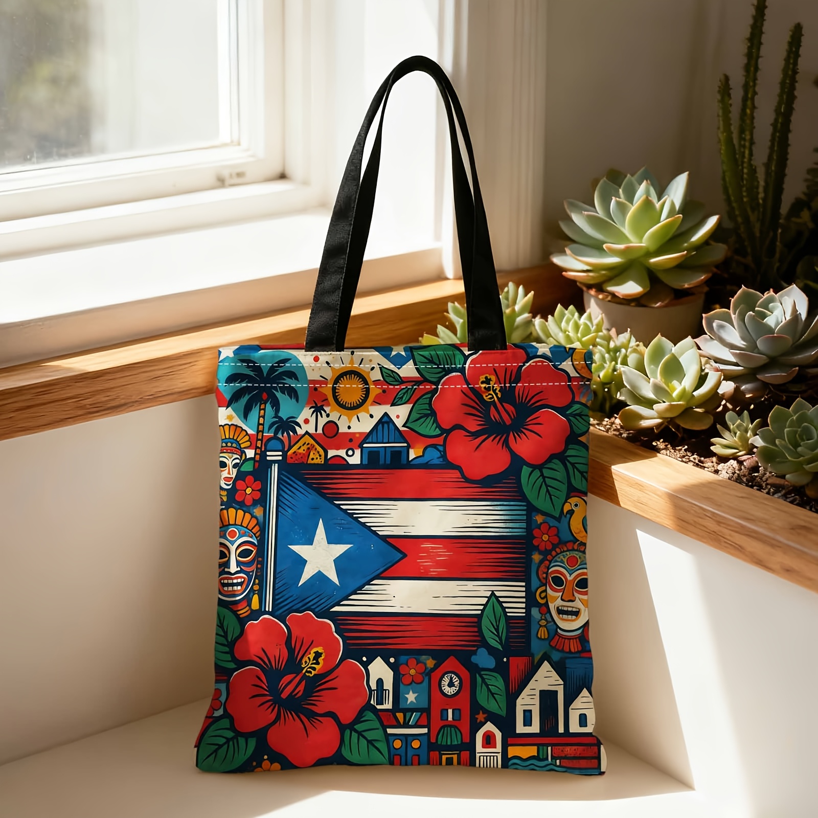 TEMU 1pc Shopping Tote Bag, Versatile On 1 Shoulder Or , With A 2d Double-sided Design Puerto Rican , Including The Flag And Tropical Plants. Ideal