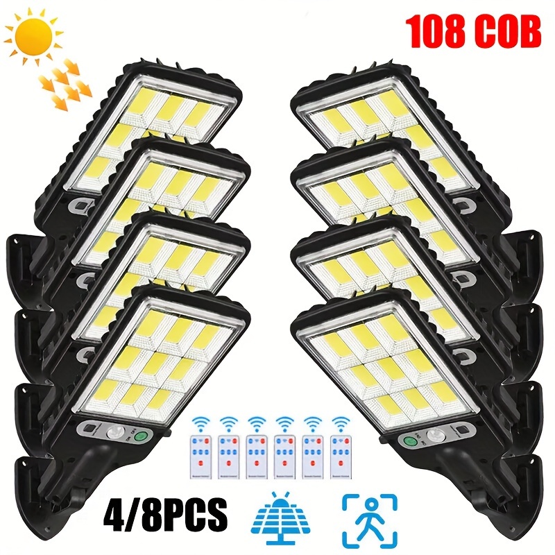 

4pcs/8pcs Solar Street Lights Outdoor 108cob Led With Lights Reflector And 3 Lighting , Pir Motion Sensor ,, Solar Powered Security Wall Lamp Daylight For Yard, Stadium, Playground, For Hotel