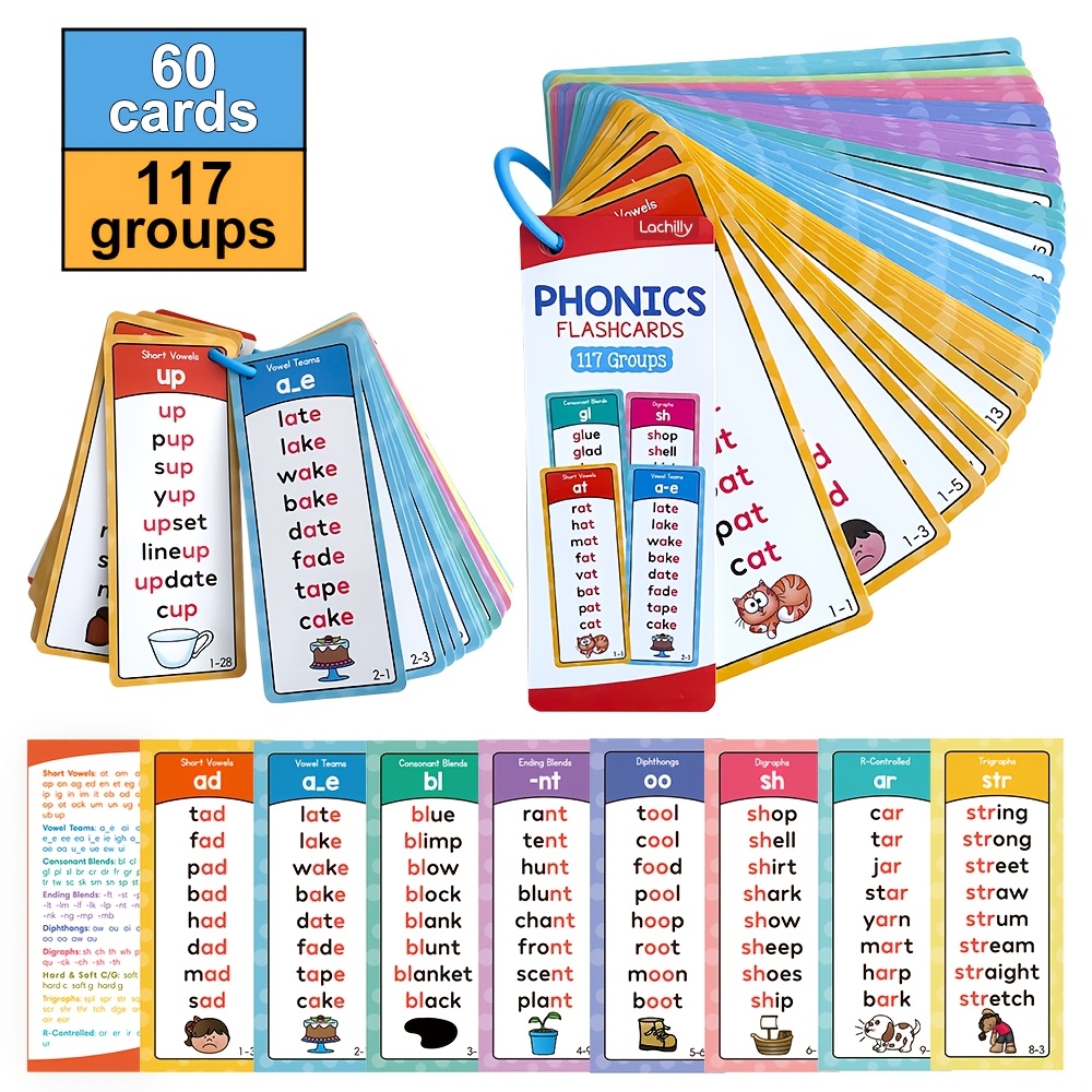 117 Groups Phonics Words Learning List Flash Cards, Phonics Games For Kids Ages 3+, Sight Words Cvc Blending Short Long Vowel Sounds