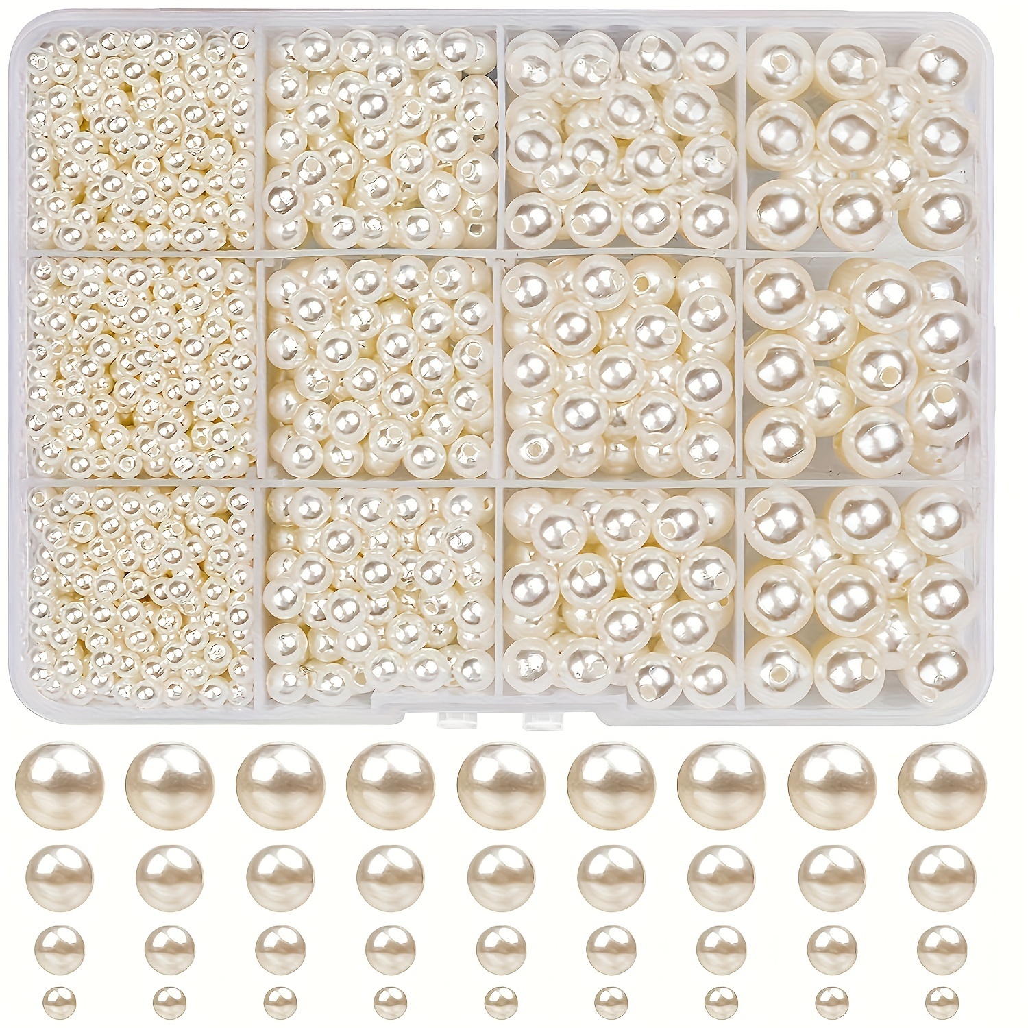 E-shop 1320-teiliges Perlen-Set für Armbänder, Halsketten, Handy-Anhänger und Vasen - 4/6/8mm Runde Perlen in Elfenbeinweiß, für Anfänger, Inklusive 4
