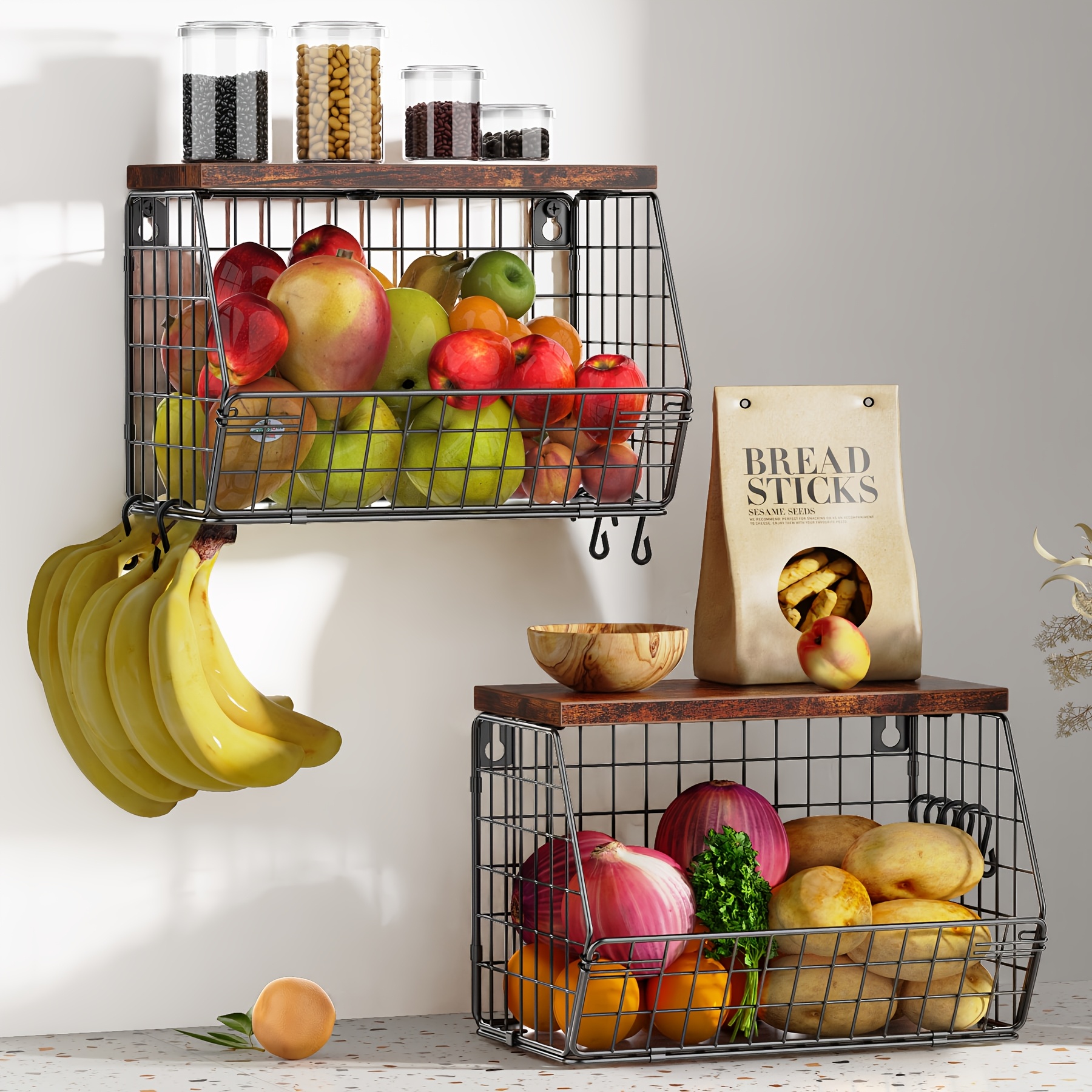 

2pcs Contemporary Metal Wire Shelf Baskets With Wooden , Wall-mountable & Stackable Storage Baskets, , For Fruits, Vegetables, Snacks, With Hanging Kitchen Countertop Organizer