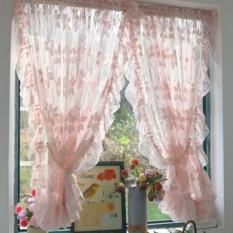 Image of 2pcs French Brocade Lace Sheer Curtains, Romantic Ruffle Design, Top Rod Pocket, Natural Drape, High Flowing Thermal, Unlined, Washable, Suitable For Living Room, Romantic Bedroom Decor
