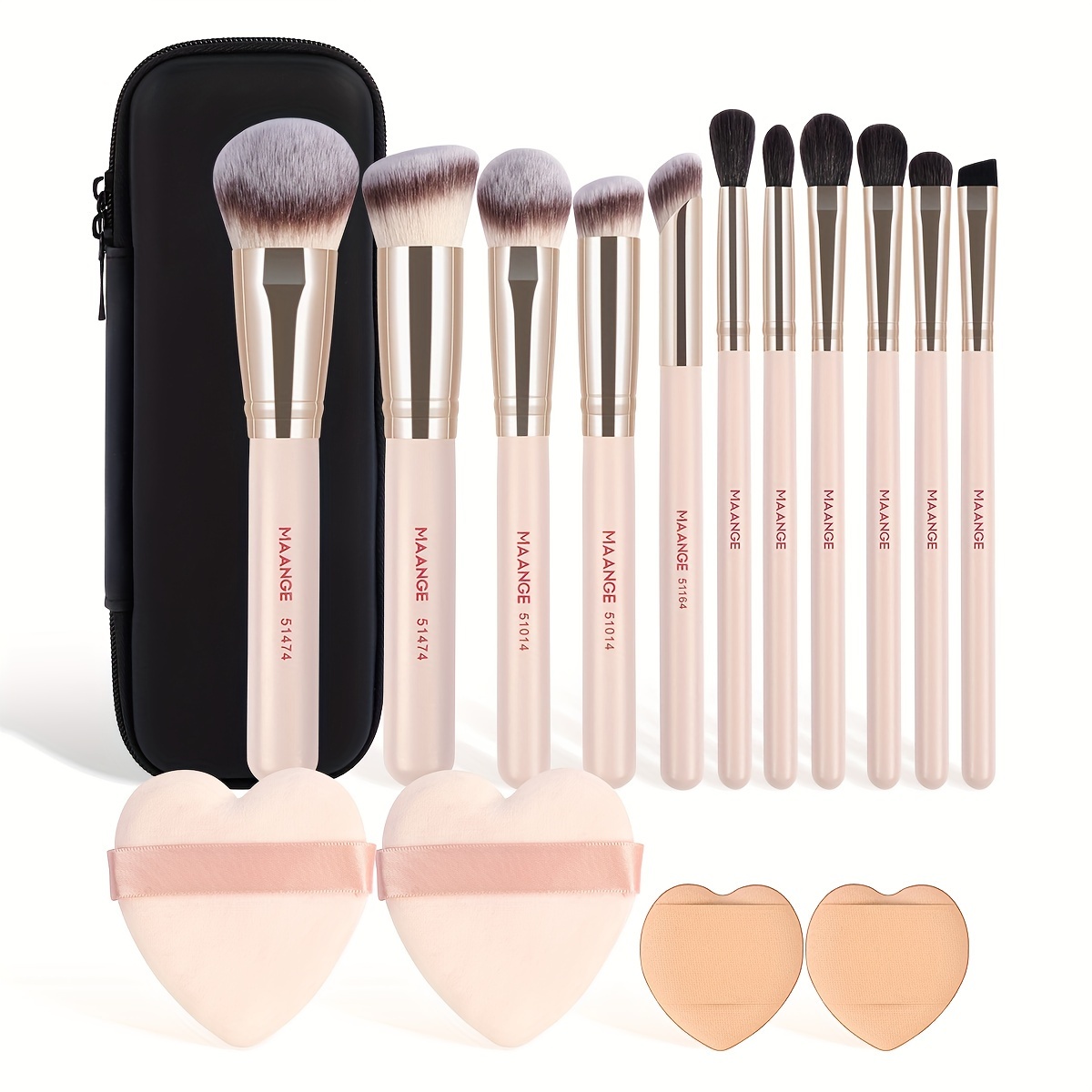 Image of Maange 11pcs Makeup Brushes And 4pcs Heart-shaped Air Cushion With Bag For Beginners, Portable Makeup Tool Suitable For , Parties, And Women&;s Gifts